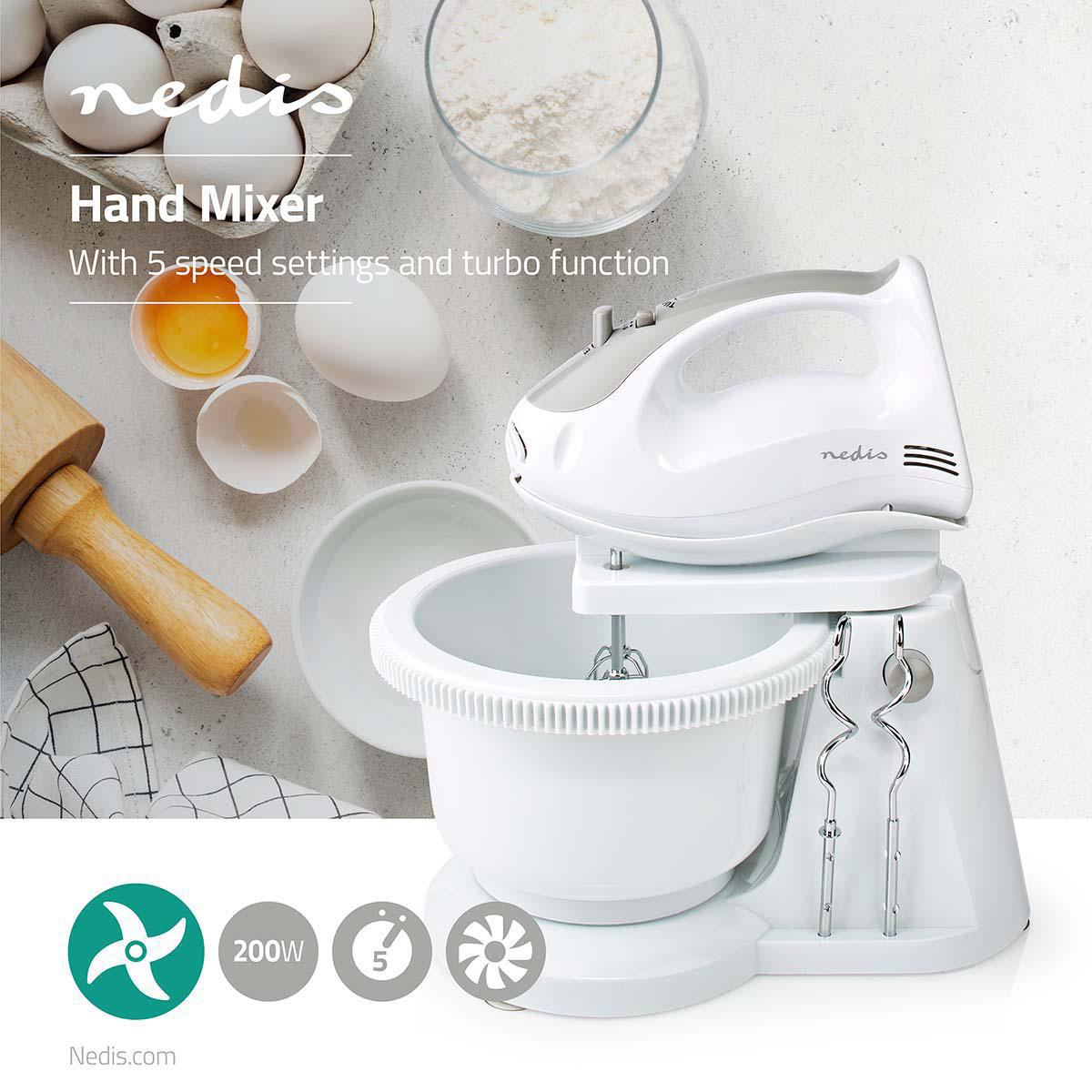 Handmixer | 200 W | 5 Geschindigkeitsstufen | Turbofunktion | Schüssel drehen / 2 Knethaken / 2 Quirle | Grau / Weiss