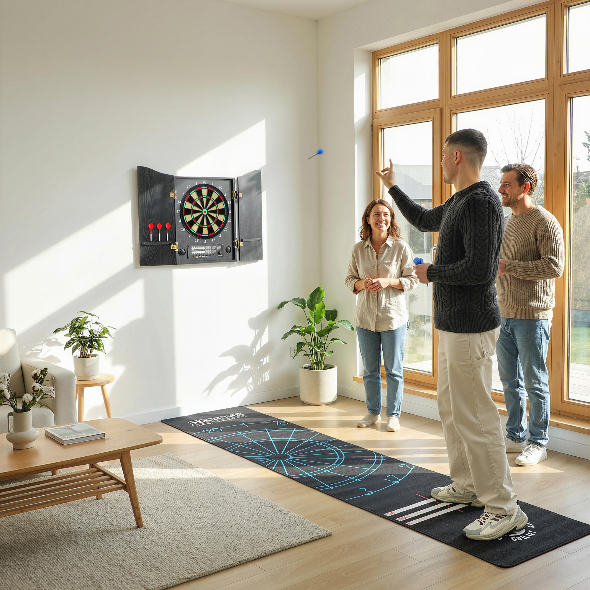 Elektronische Dartscheibe E Dartboard mit Türen Holzoptik LED Anzeige Sprachansagen 6 Dartpfeile, 24 Ersatzspitzen
