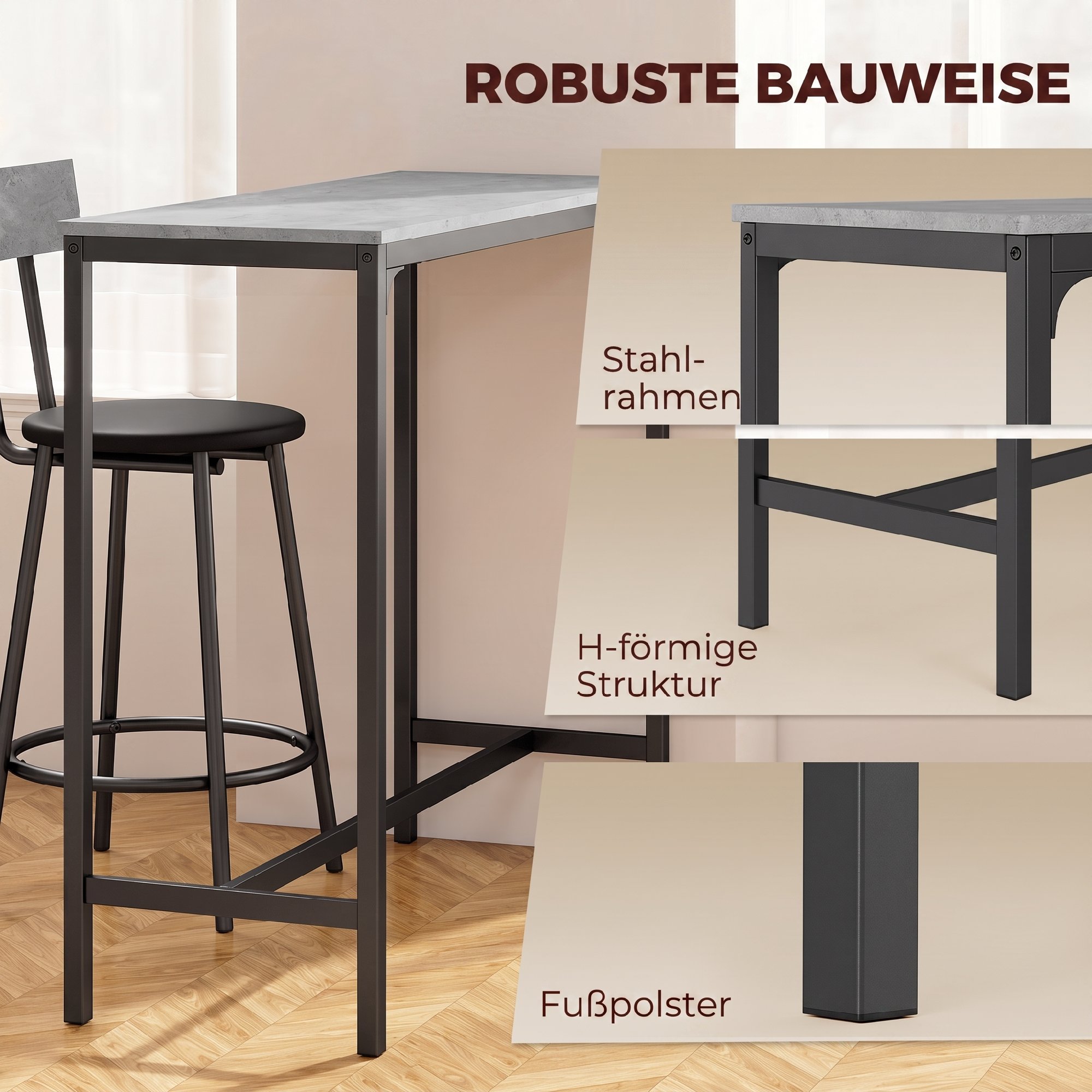 Bartisch mit Barhocker Set Tresentisch mit 2 gepolsterten Hockern mit Fußstütze für Esszimmer, kleinen Raum, Grau
