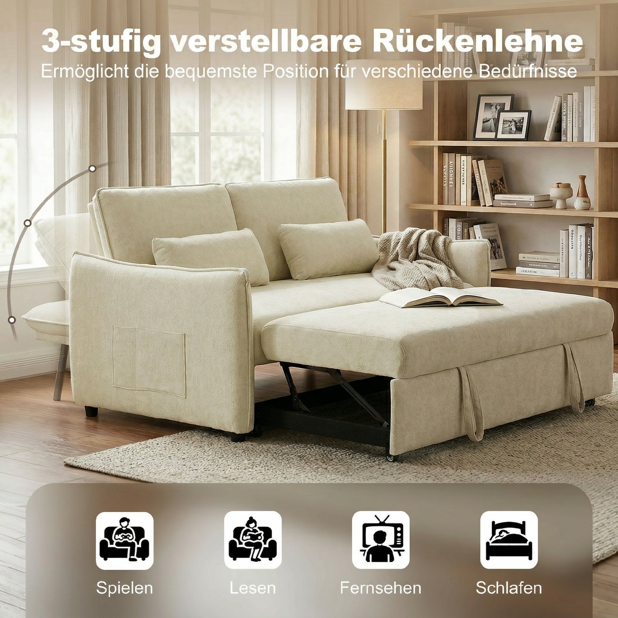 3-in-1 Verstellbares Schlafsofa, Zweisitzer mit Getränkehaltern, verstellbarer Rückenlehne und Seitentaschen, Beige