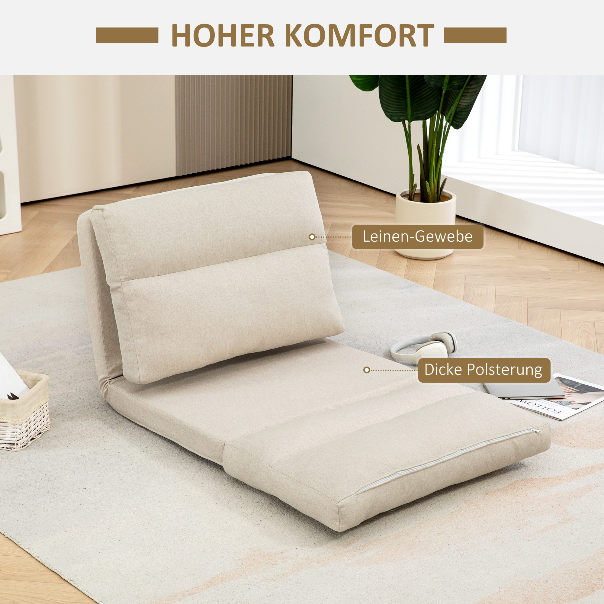 Sitzsack mit Bettfunktion, neigbare Lehne, klappbar, bis 120kg, 70 x 72 x 56 cm, Beige