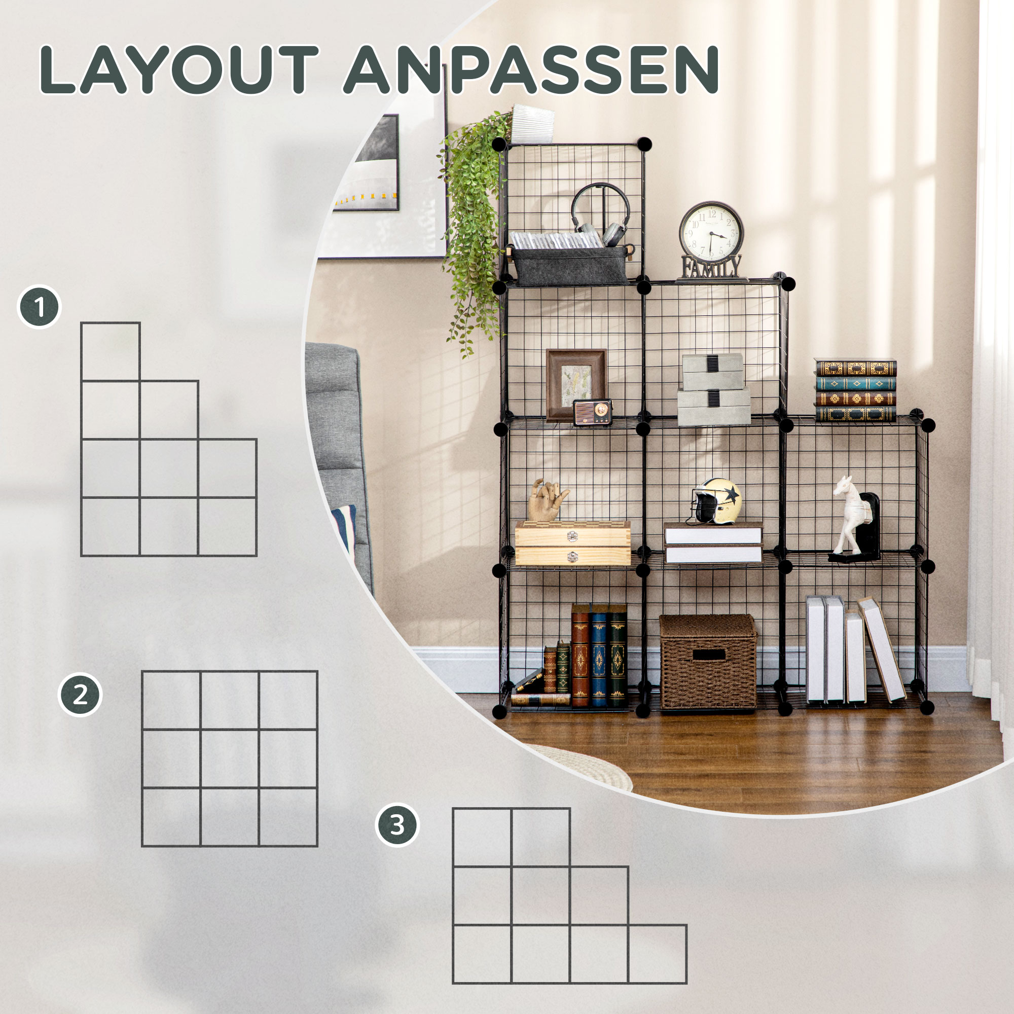 Steckregal, Würfelregal, Schuhregal, 9 Würfel, modularer Aufbau, Stahl, schwarz, 35 x 35 x 35 cm je Würfel