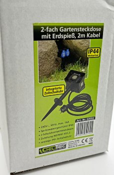 Gartensteckdose mit Erdspieß, 2-fach / IP44, 2m Kabel, Zeitschaltuhr