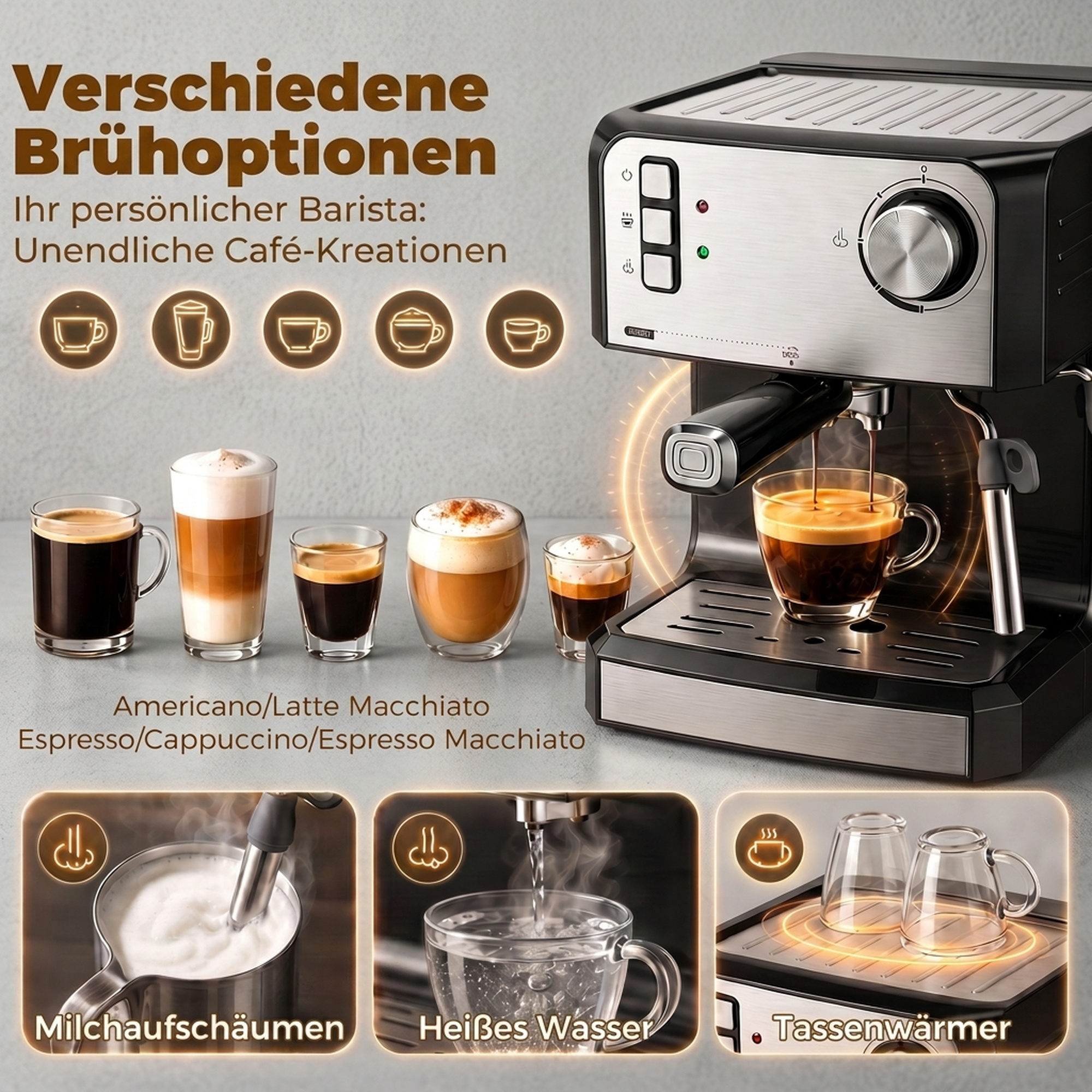 Espressomaschine, 20-Bar-Kaffeemaschine mit Milchaufschäumdüse, 1,6-l-Wassertank, Schwarz