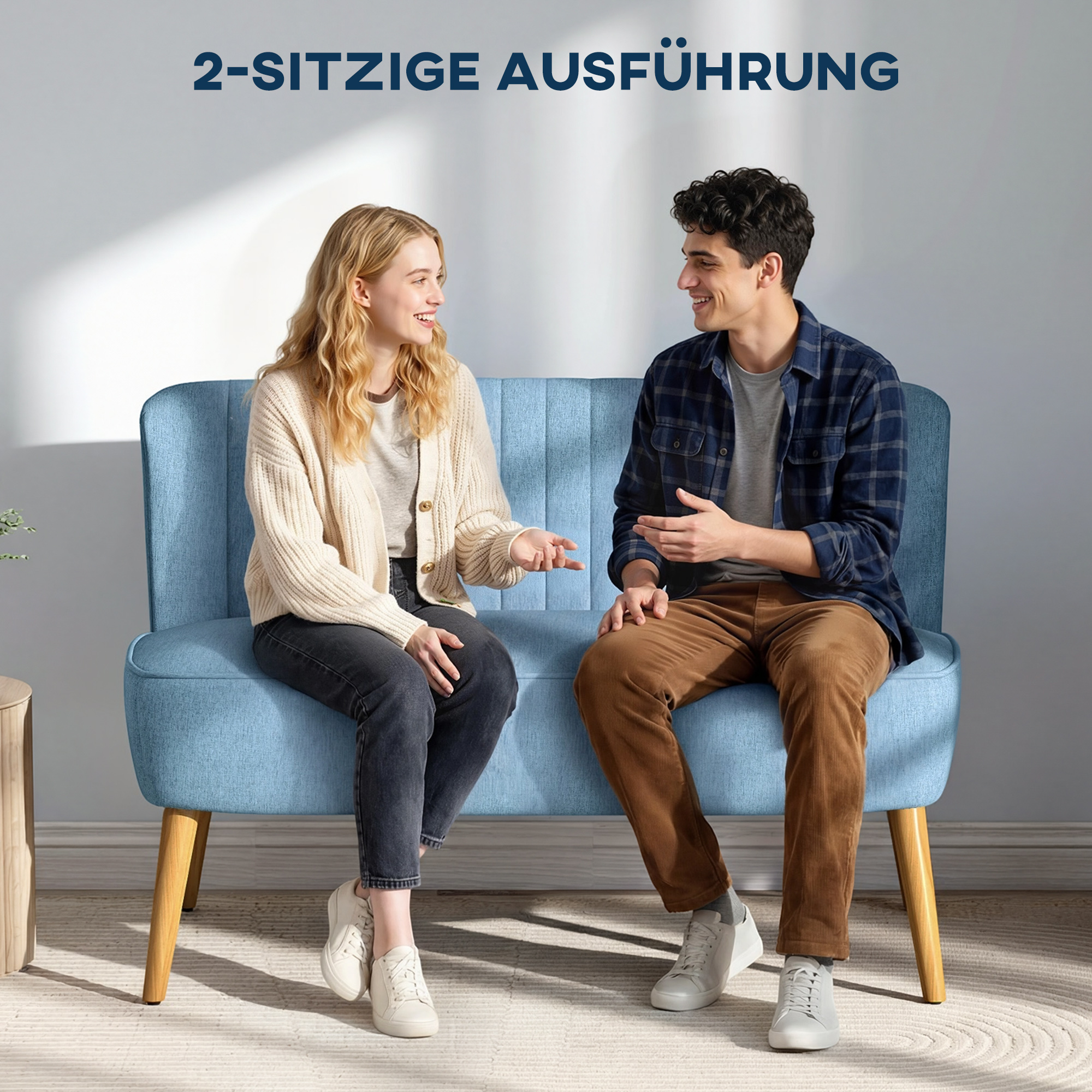 2-Sitzer Sofa im Retro-Look, weiche Polsterung, pflegeleichter Bezug, bis 150 kg, 117 x 56,5 x 77 cm, Blau