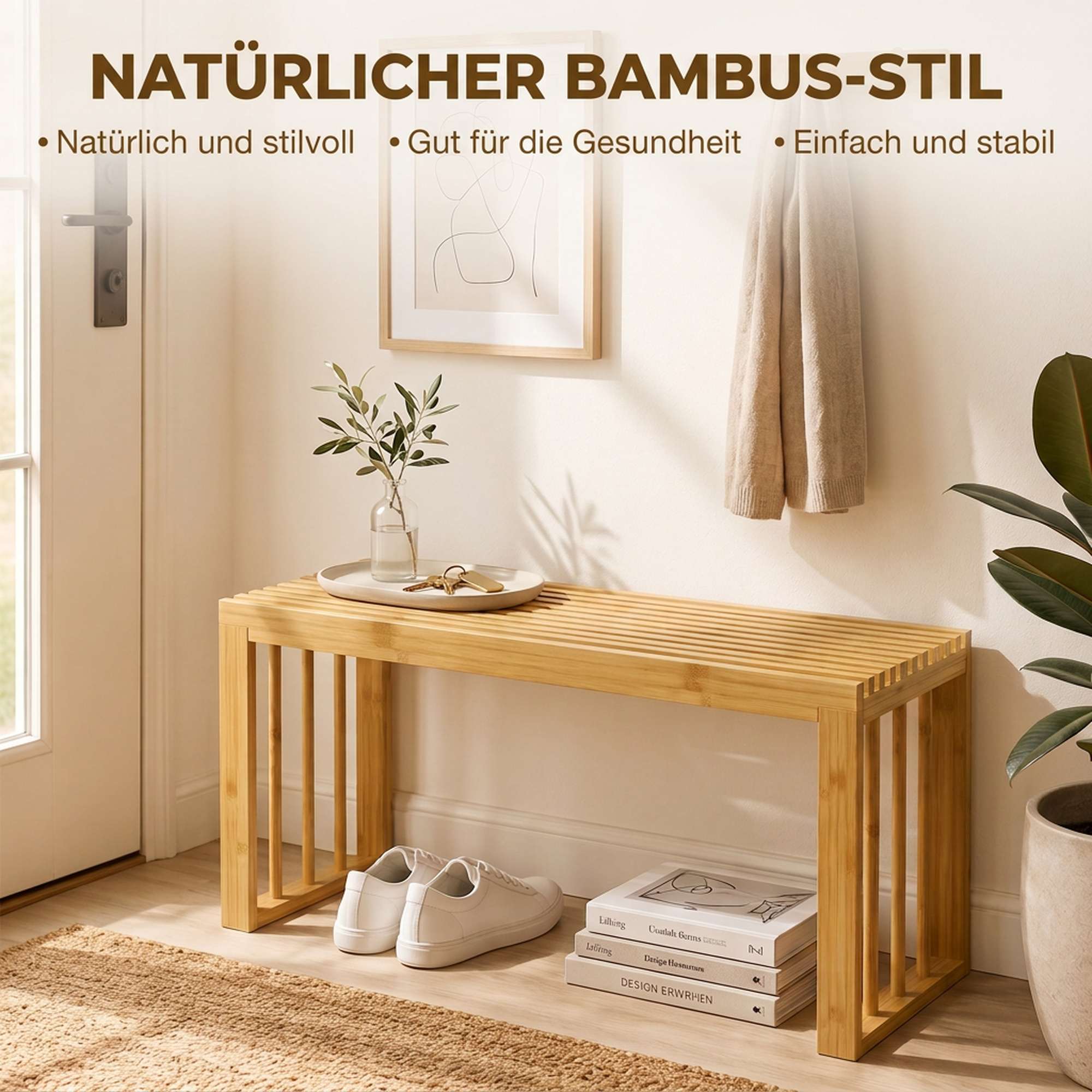 90 cm Bambus-Schuhbank, Flurbank ohne Rückenlehne, Sitzbank für Eingangsbereich, Natur