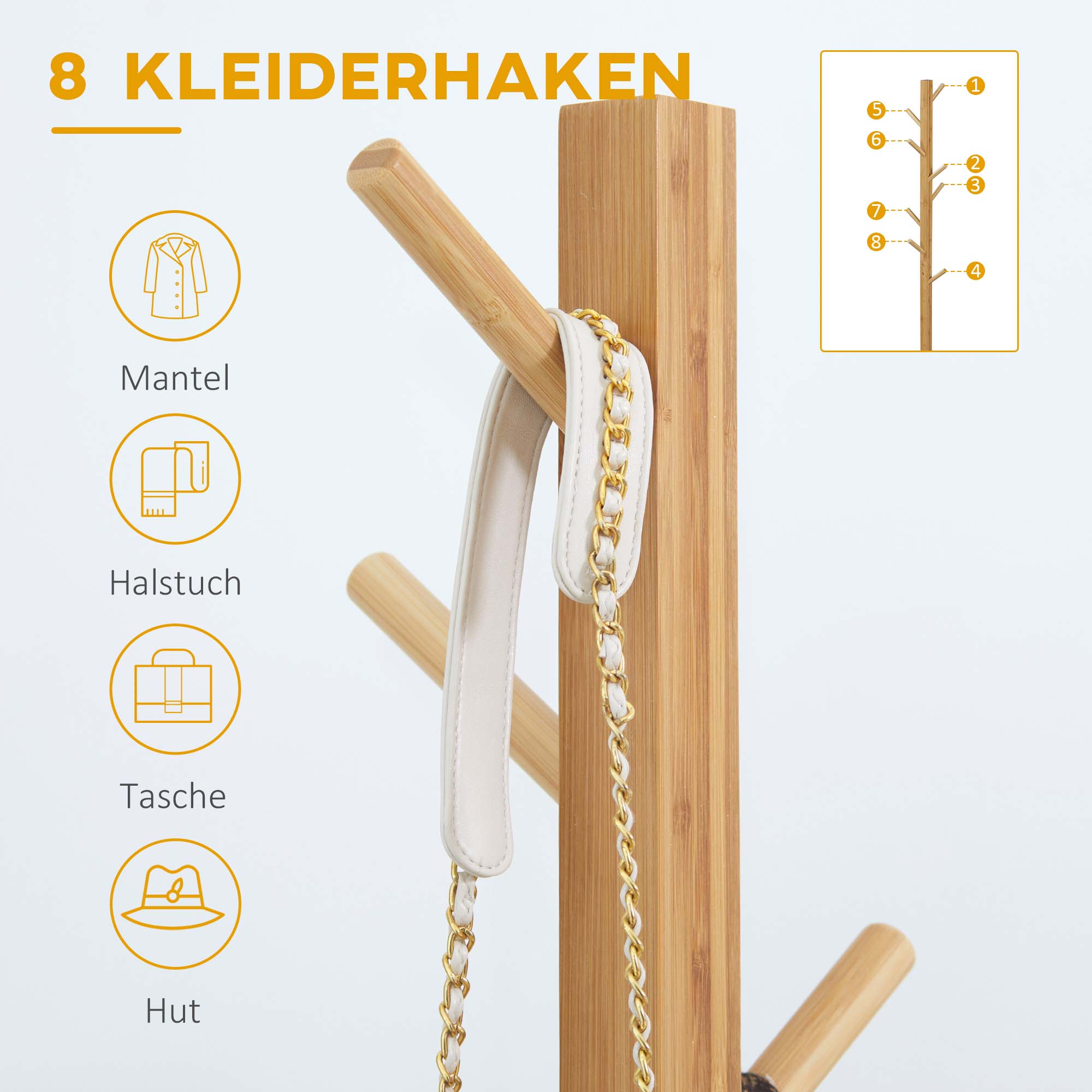 Garderobe Kleiderständer Hutständer, 8 Haken, 49,5 cm x 49,5 cm x 178 cm, Natur
