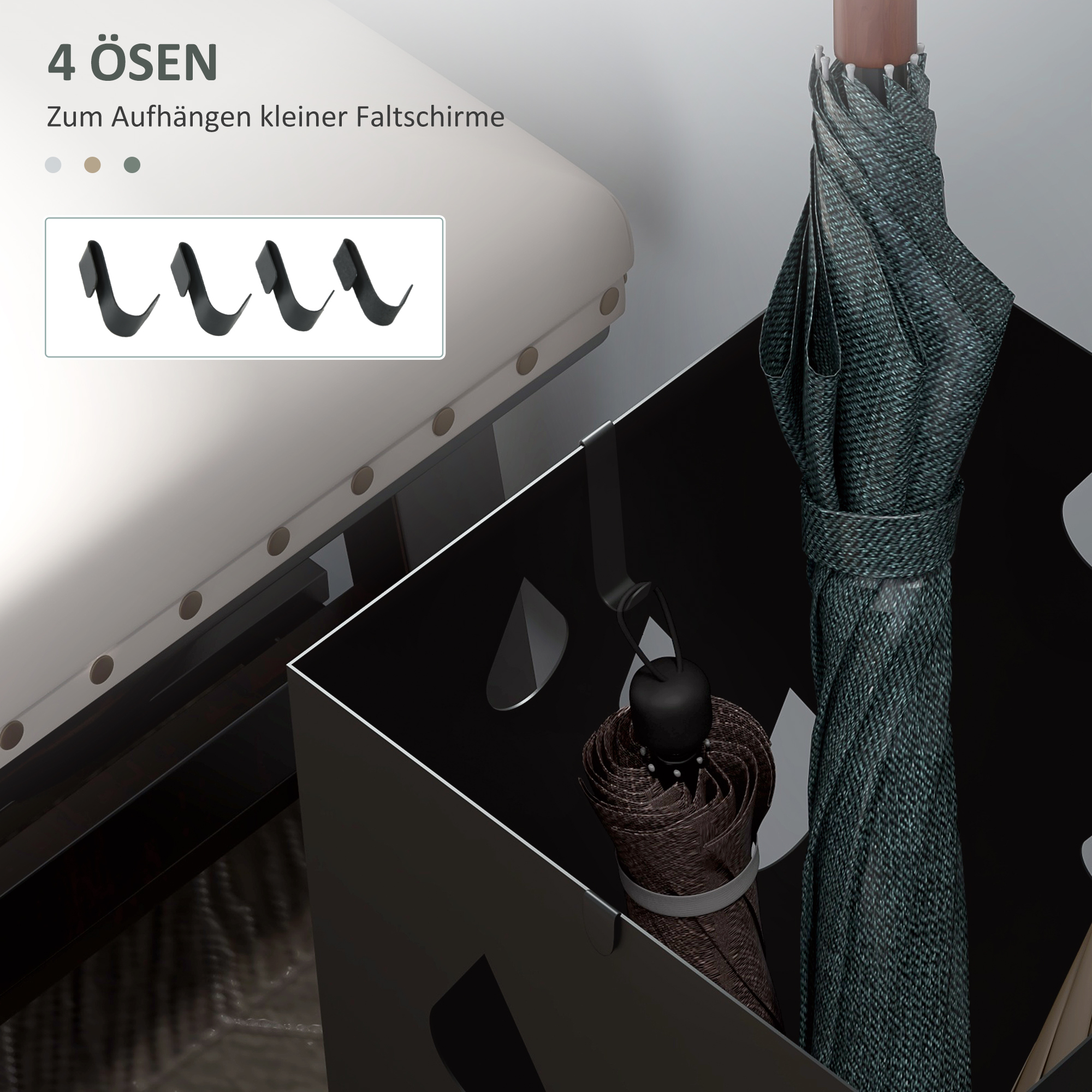 Schirmständer, 4 Haken, Tropfschale, Stahl, Schwarz