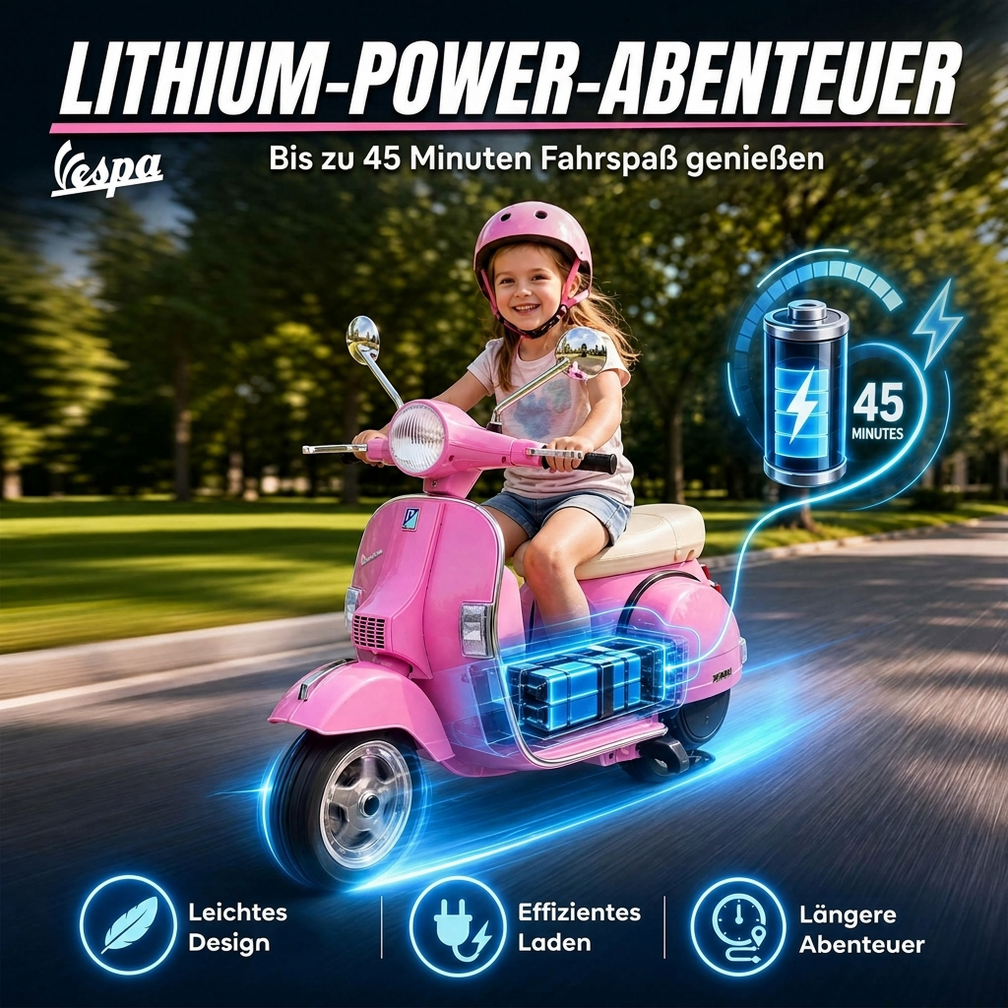 Elektro Motorrad Kinder Vespa PX150 12V Elektromotorrad mit Lithium Akku 35W 2 Motoren 25° Lenkbegrenzung für 3-6 Jahre