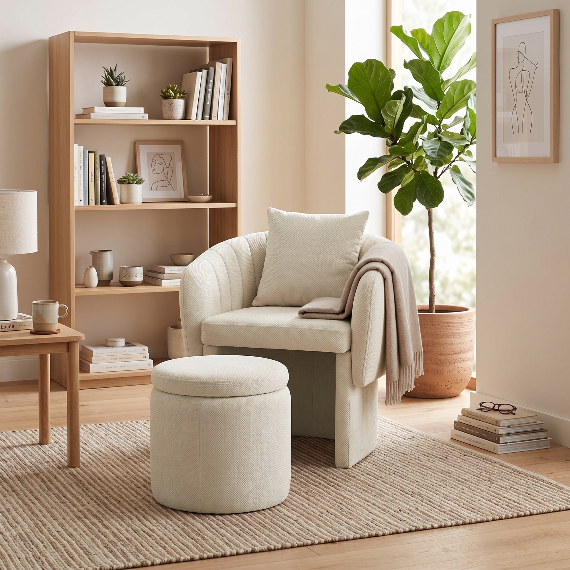 Relaxsessel mit Hocker Loungesessel mit Geschwungene Rückenlehne, Armlehnen, Nordischer Chenille Gepolstert Beige