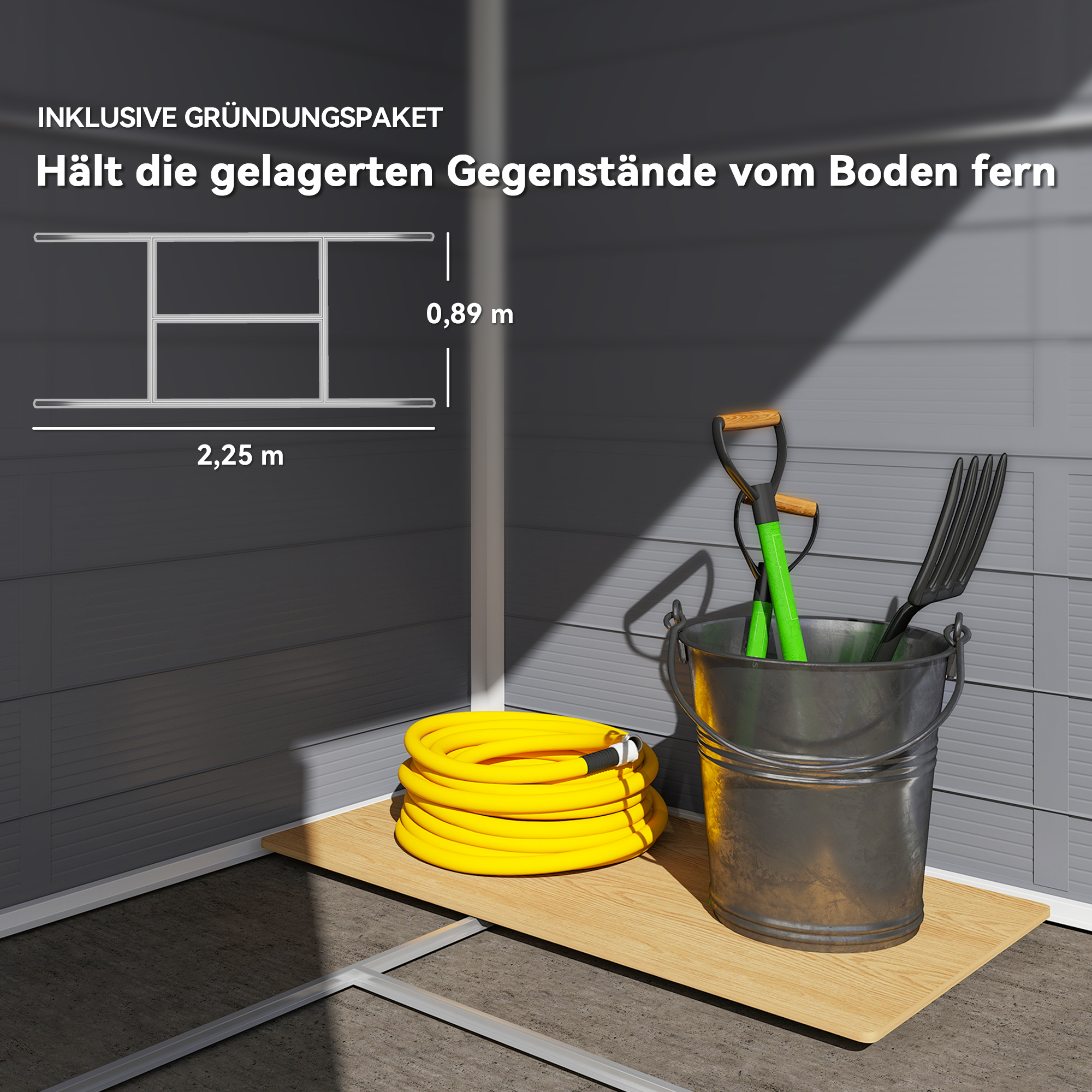 Gerätehaus, Gartenhaus, Geräteschuppen mit Lüftungsfenster, Kunststoff, Metall, 240 x 190 x 180/228, Grau