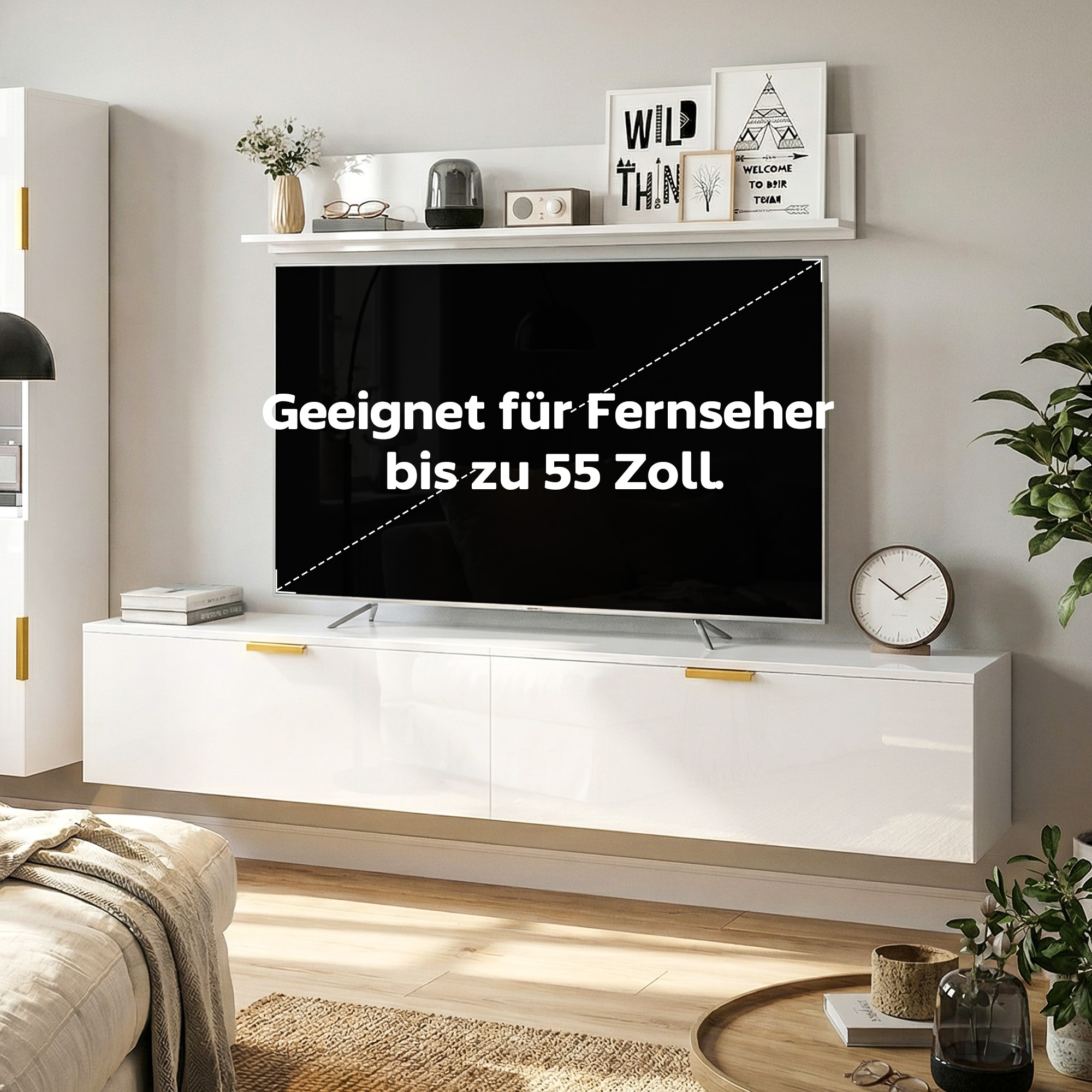 Schwebendes TV-Board mit Klapptüren Entertainment-Center Wandregal Schrank 180 cm Hochglanz Weiß