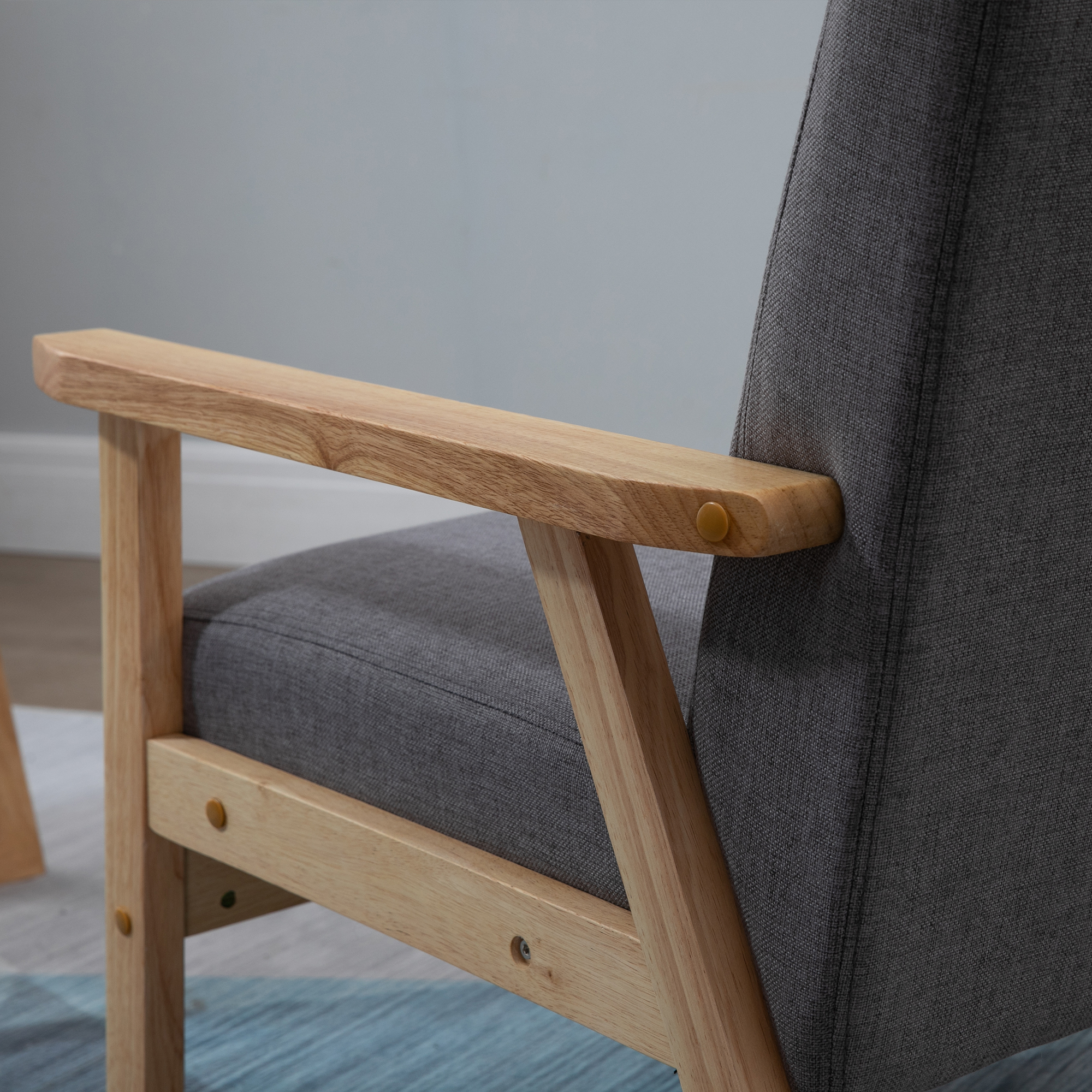 Sessel im Skandi-Design, Akzentsessel, Massivholz, Leinenoptik, 64 cm x 70 cm x 72 cm, Grau + Natur