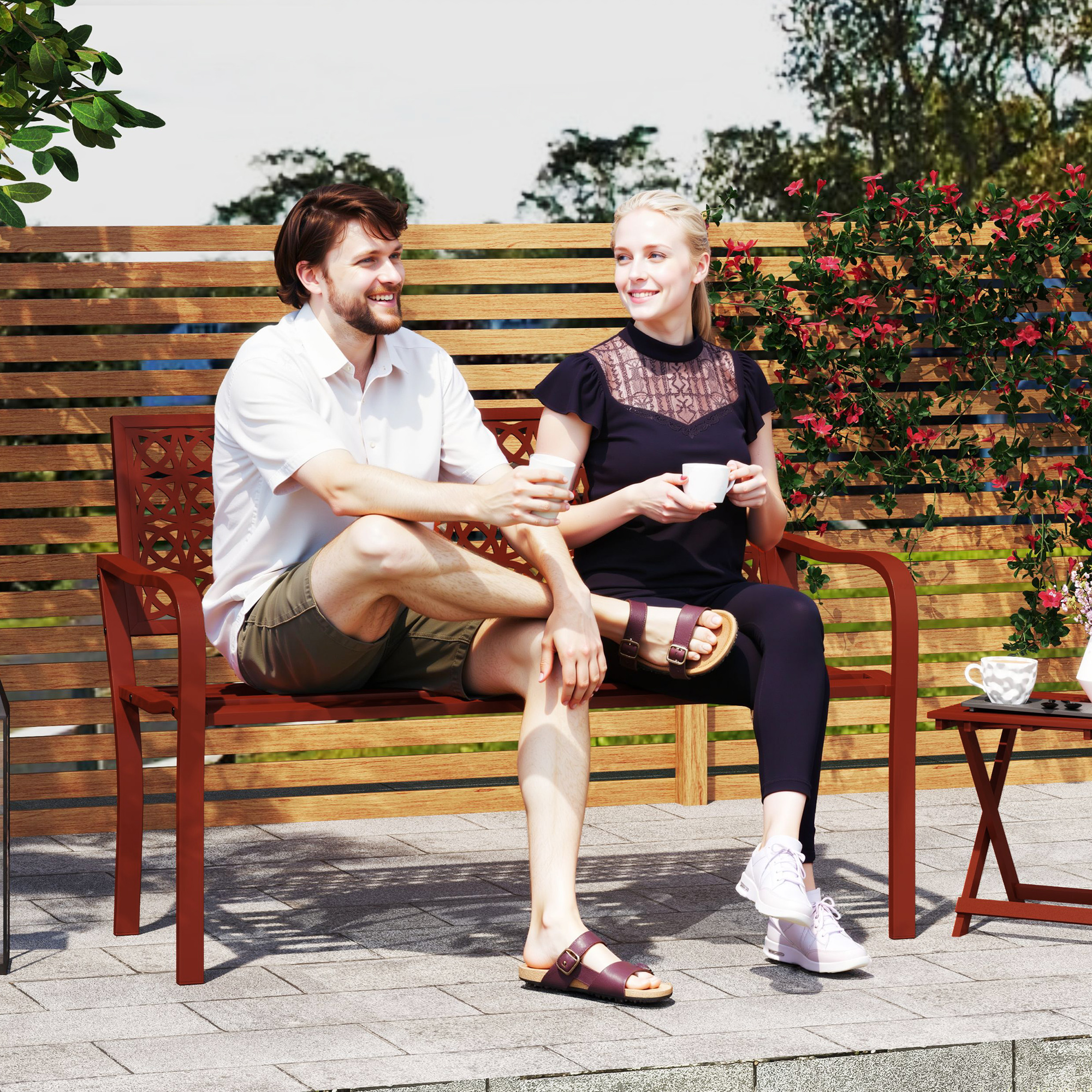 Außenbank, Gartenbank aus Stahl, Ausgeschnittene Rückenlehne, Armlehnen, für 2 Personen, Rot