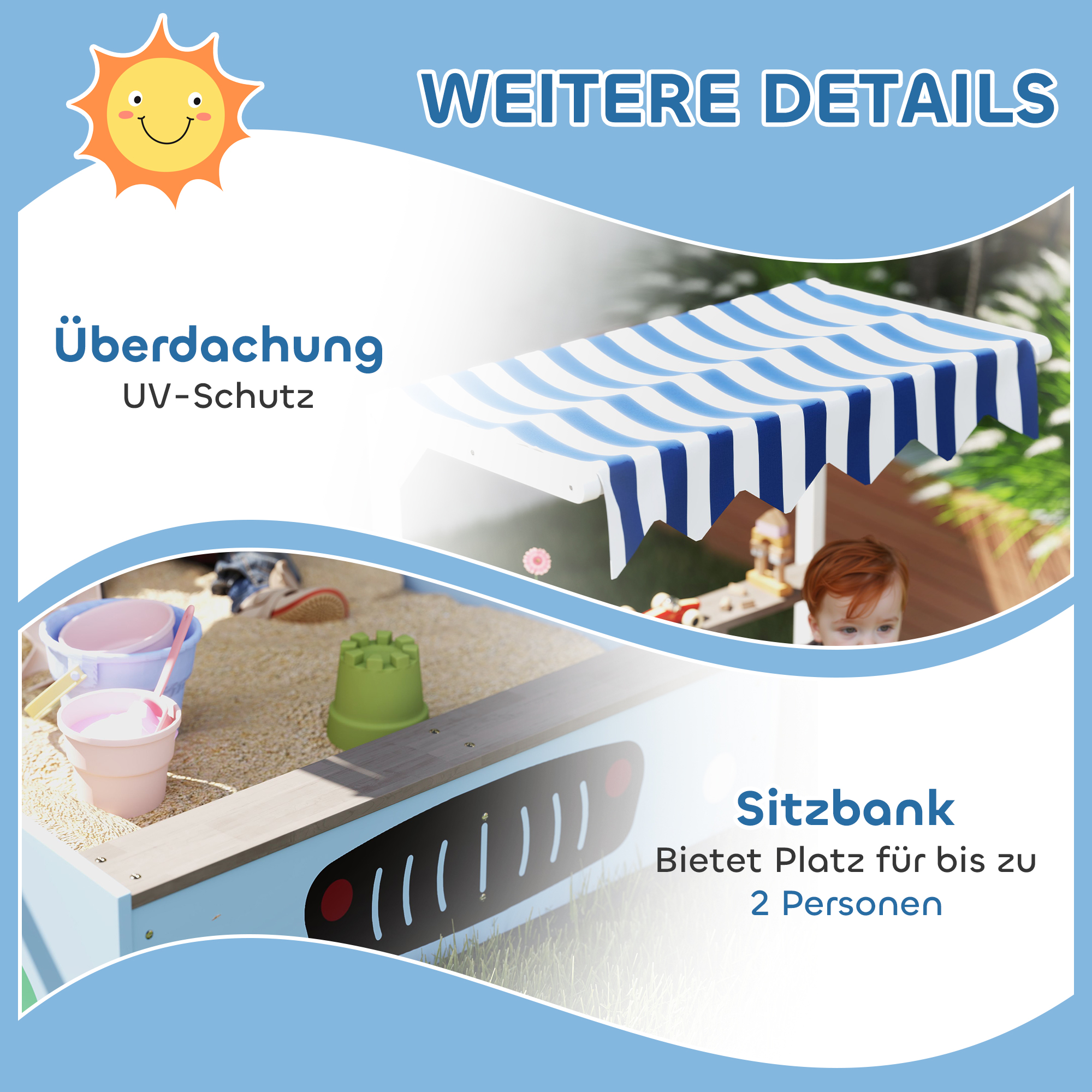 Sandkasten mit Vordach, Einkaufsladen-Design, Sitzbank, Zeichentafel, Tannenholz, 104H x 108L x 90B cm, Blau