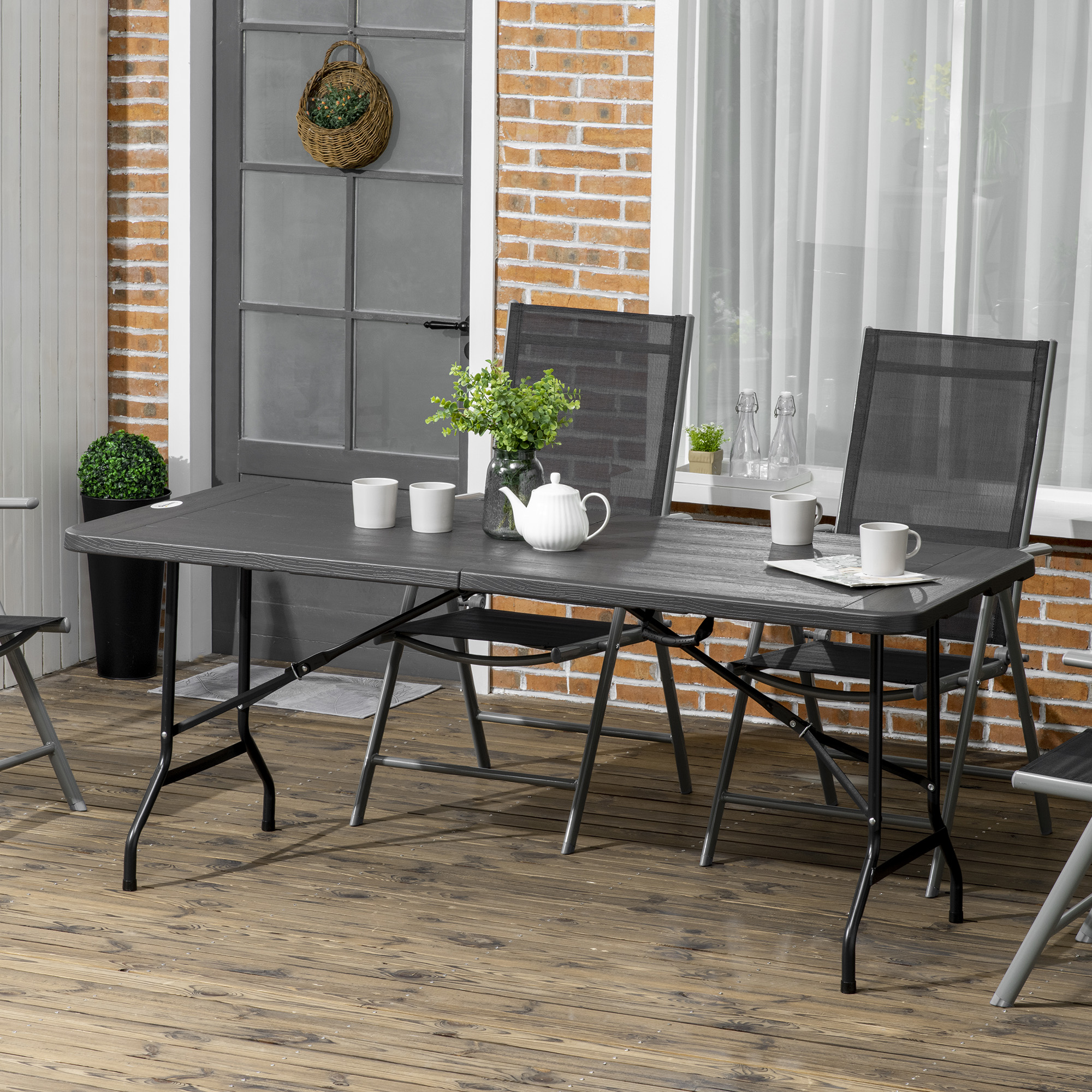 Outdoortisch, Gartentisch, für 6 Pers., klappbar, Holzoptik, dunkelgrau, 180 x 75,5 x 73 cm