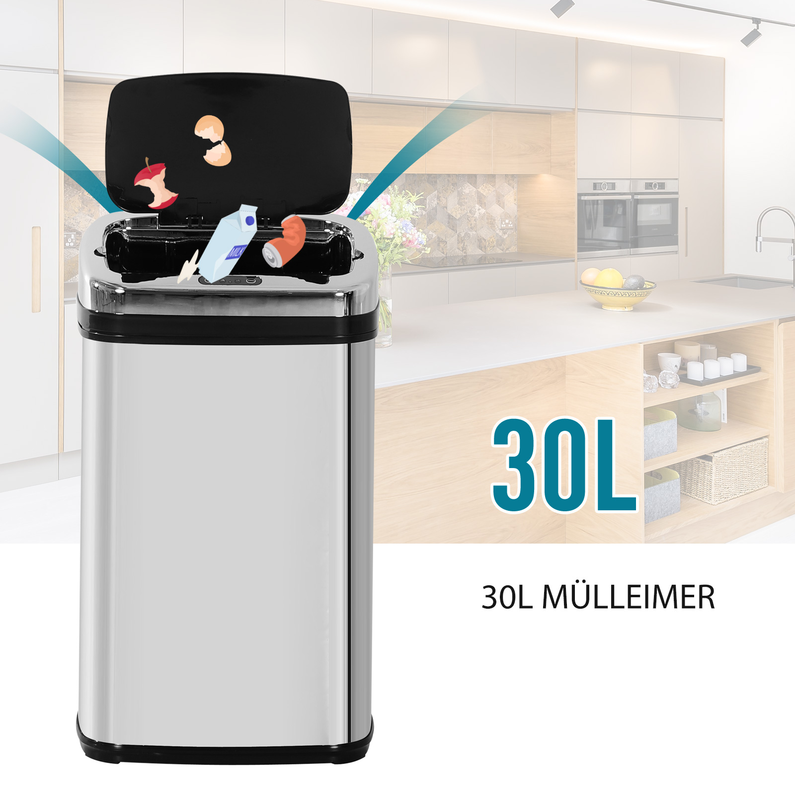 Sensor Mülleimer 30L Edelstahl Automatischer Mülleimer mit Bewegungssensor, Abfalleimer Müllbehälter Abfallbehälter für Büro, Schlafzimmer, Küchen Silber