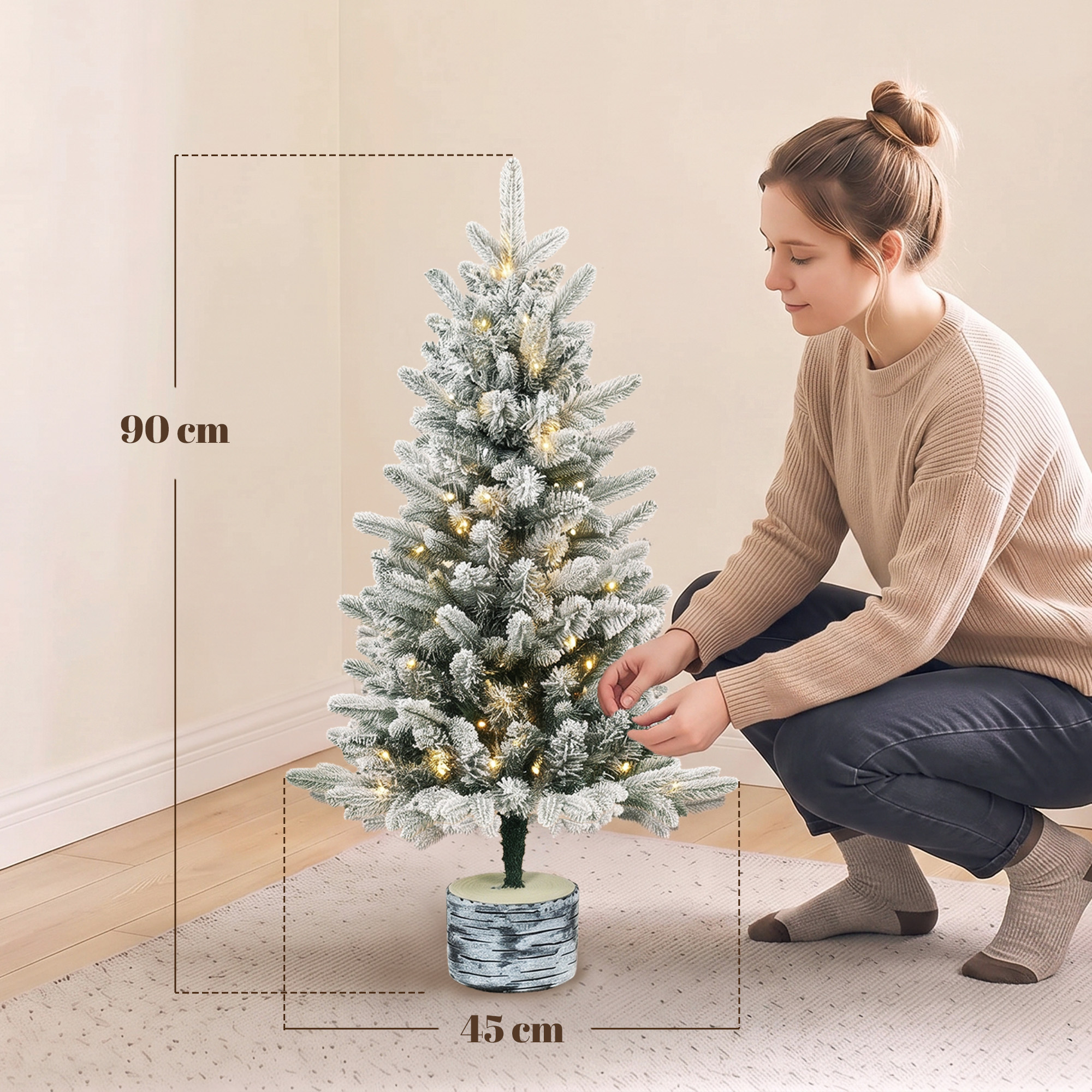 künstlicher Weihnachtsbaum, 90 cm Christbaum mit 50 LED-Beleuchtung 240 Spitzen Kunstschnee Magnesiumoxid-Sockel