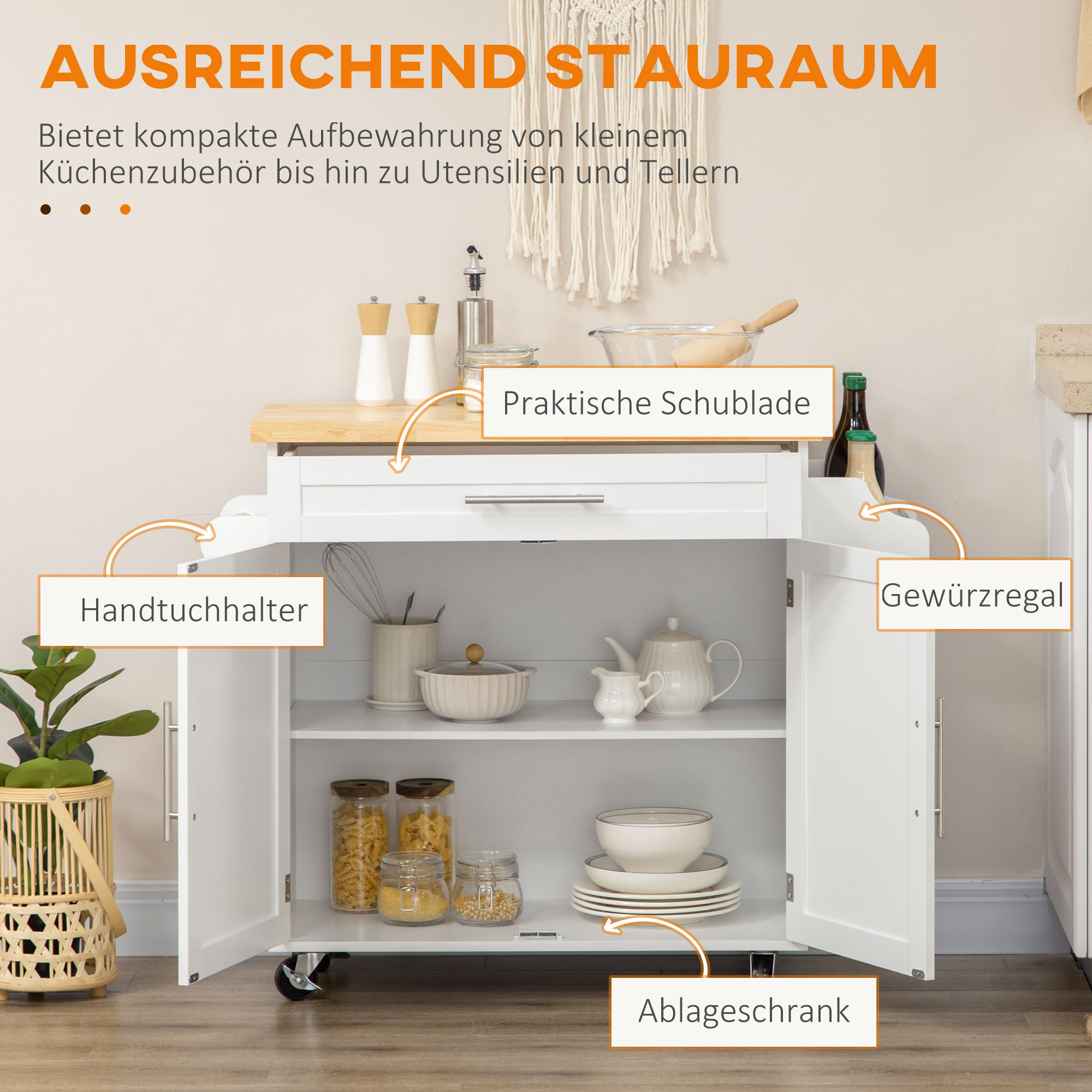 Küchenwagen Servierwagen Kücheninsel, 1 Gewürzregal, 1 Handtuchhalter, 109 cm x 40 cm x 89 cm, Weiß