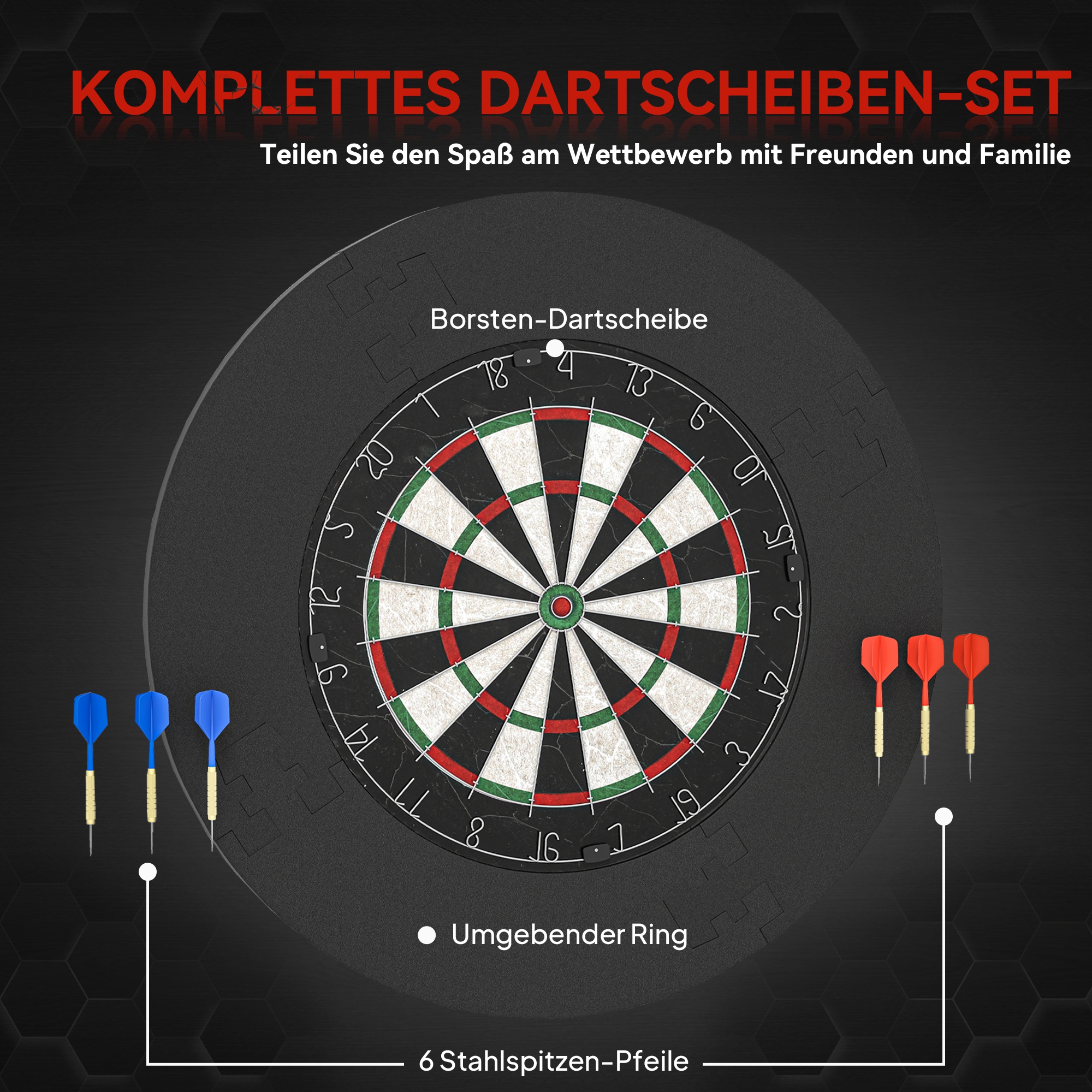 elektronische Dartscheibe Dartboard-Set mit Schutzring, 6 Dartpfeile mit Stahlspitzen, Sisal, Kunststoff, Schwarz