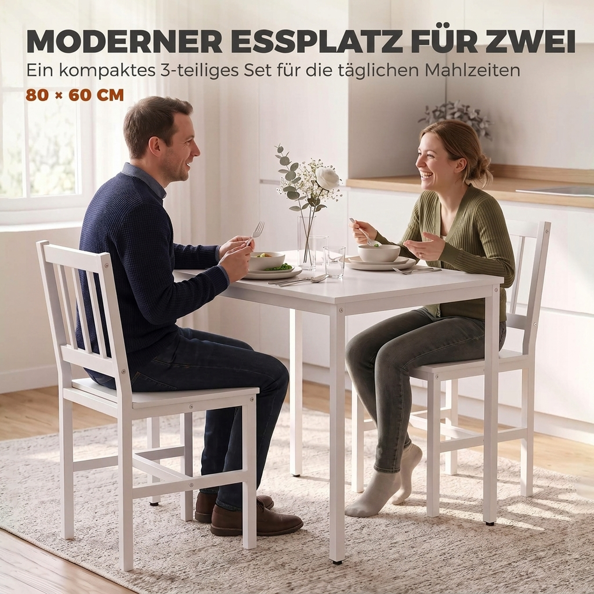 Platzsparende Essgruppe, rechteckiger Küchentisch mit 2 Stühlen, Weiß