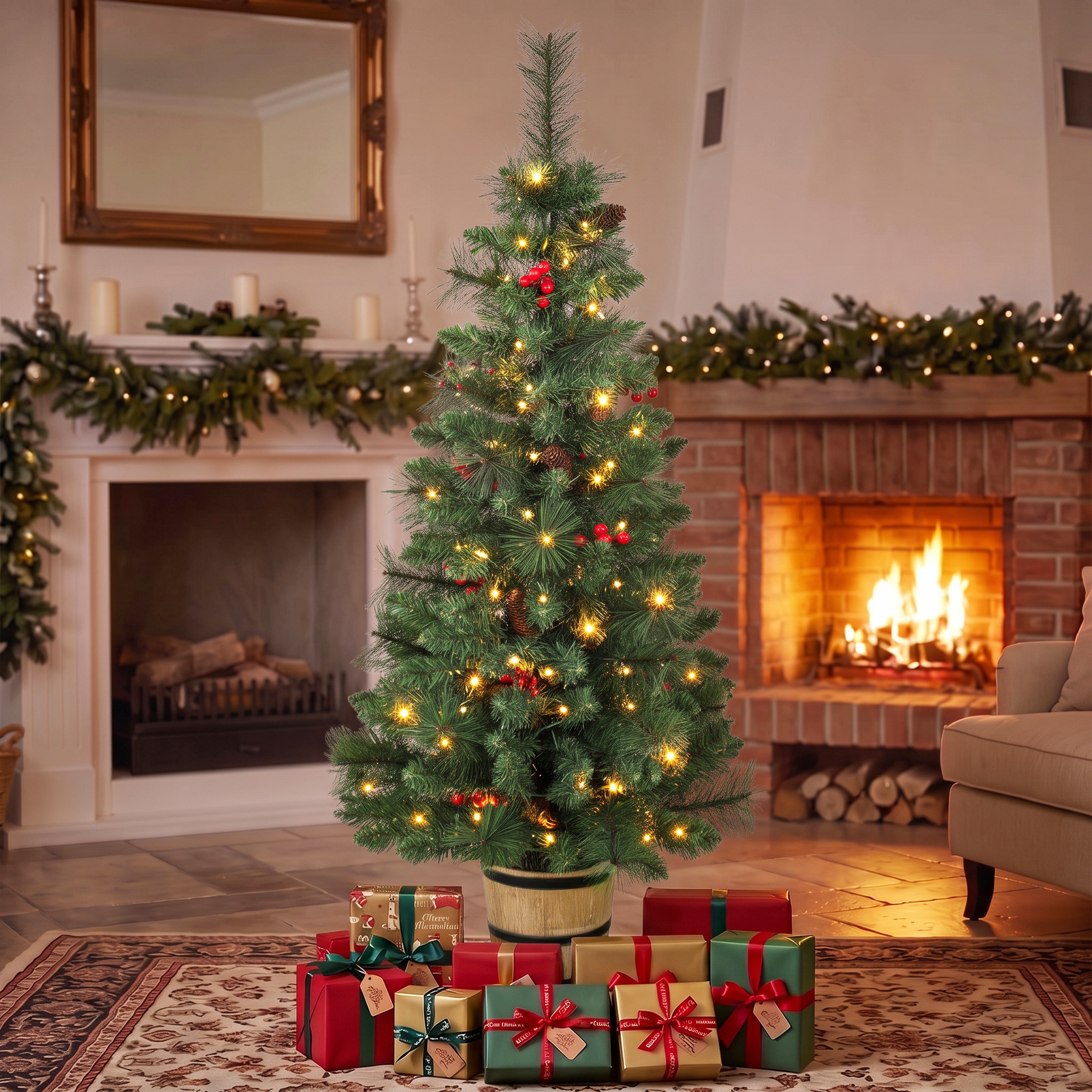 Künstlicher Weihnachtsbaum, 120 cm Christbaum mit 100 LED-Beleuchtung 131 Spitzen Beeren, 2 Lichtfarben, Fernbedienung