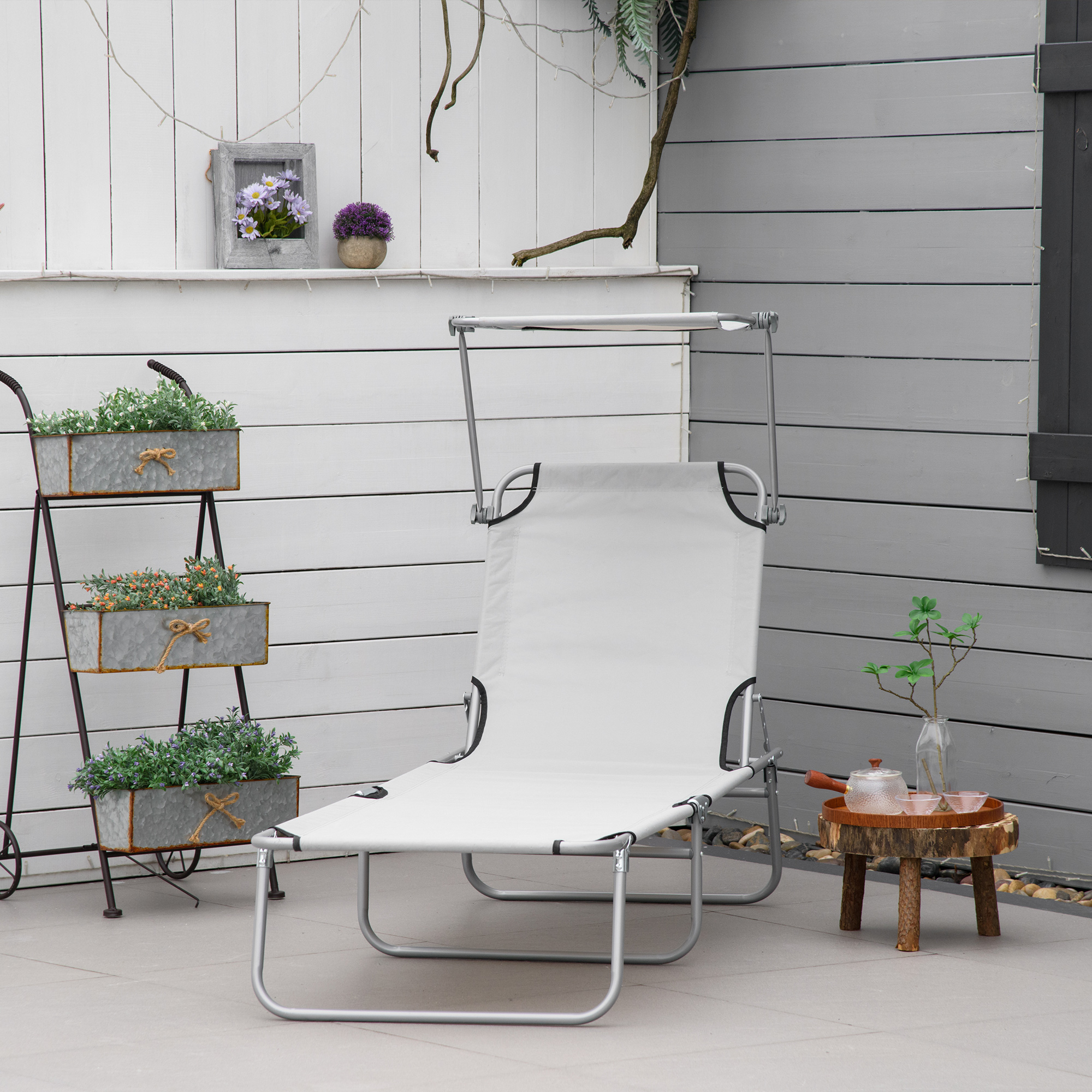 Sonnenliege, Gartenliege, Wellnessliege, Strandliege, klappbar, mit Sonnenschutz, 187 x 58 x 36 cm, Grau