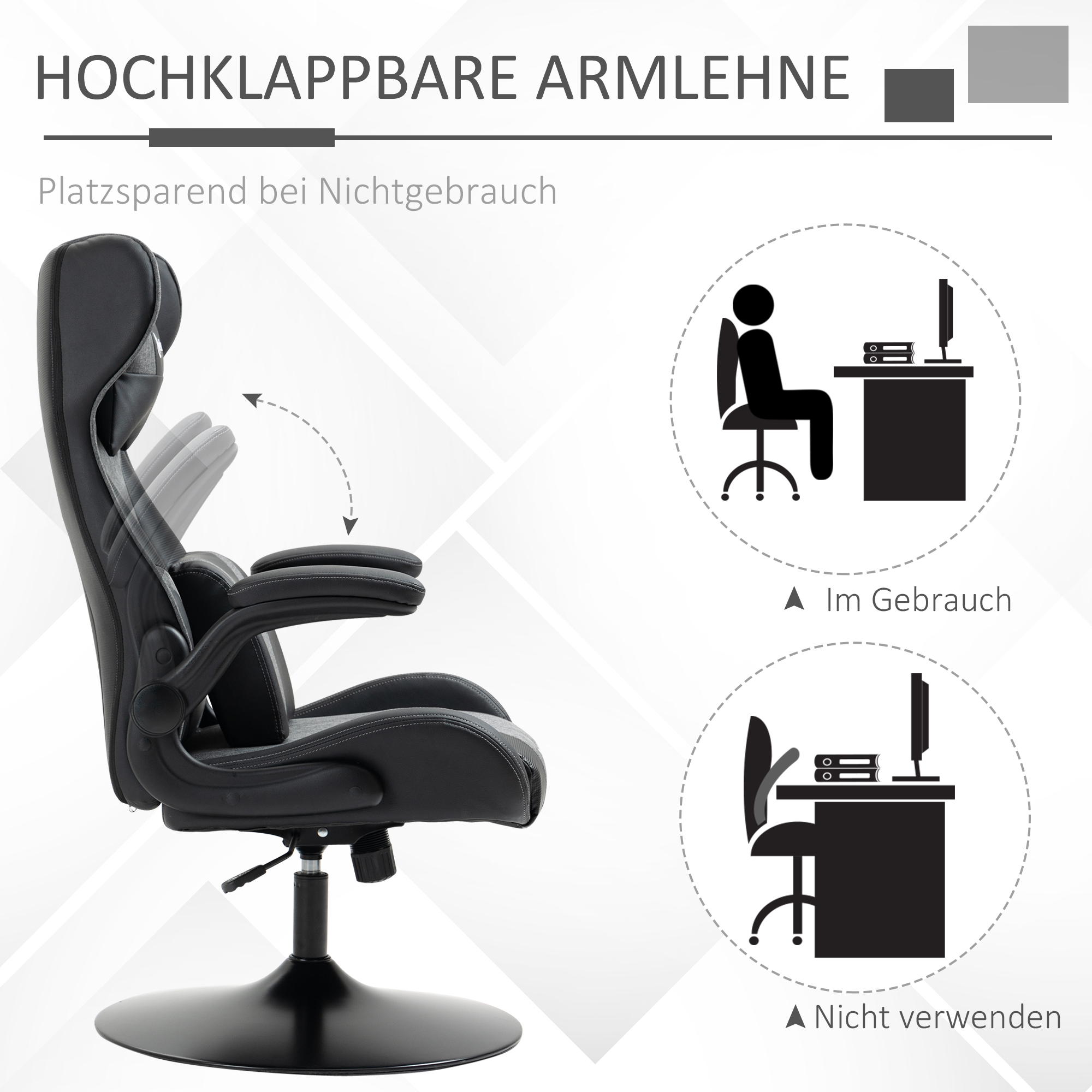 Gaming-Stuhl, höhenverstellbar & drehbar, Kunstleder-Bezug, klappbare Armlehnen, Schwarz+Grau