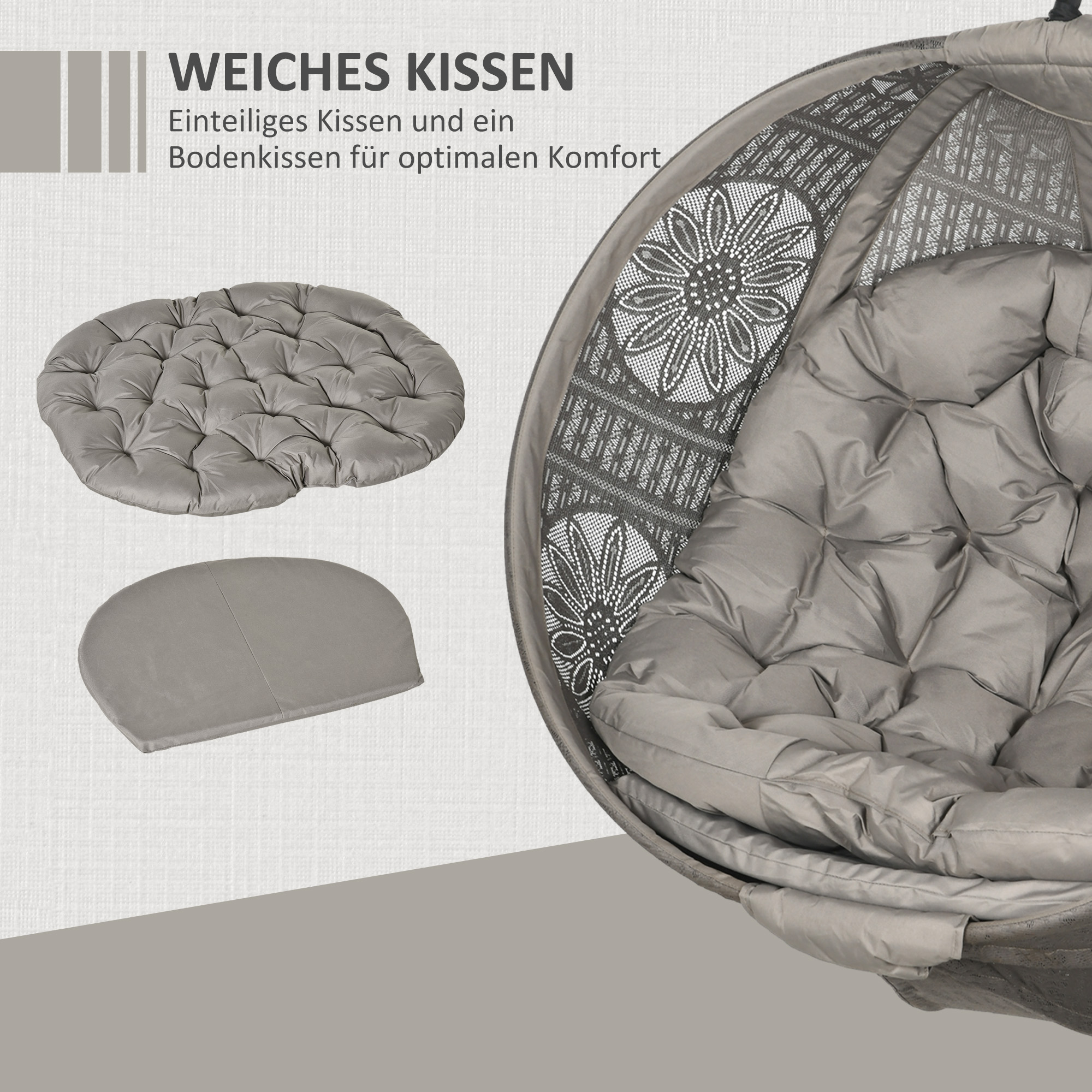 Hängesessel Gartensessel Korbsessel, Boho-Stil, 116 x 125 x 172 cm, Sand + Schwarz