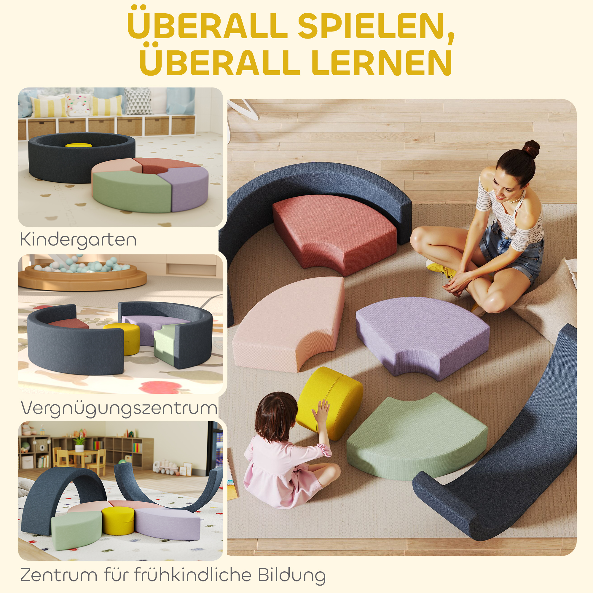 7-teiliges Weichbauklötze-Set für Kleinkinder, Schaumstoff, waschbarer Cordbezug, verschiedene Formen, Bunt