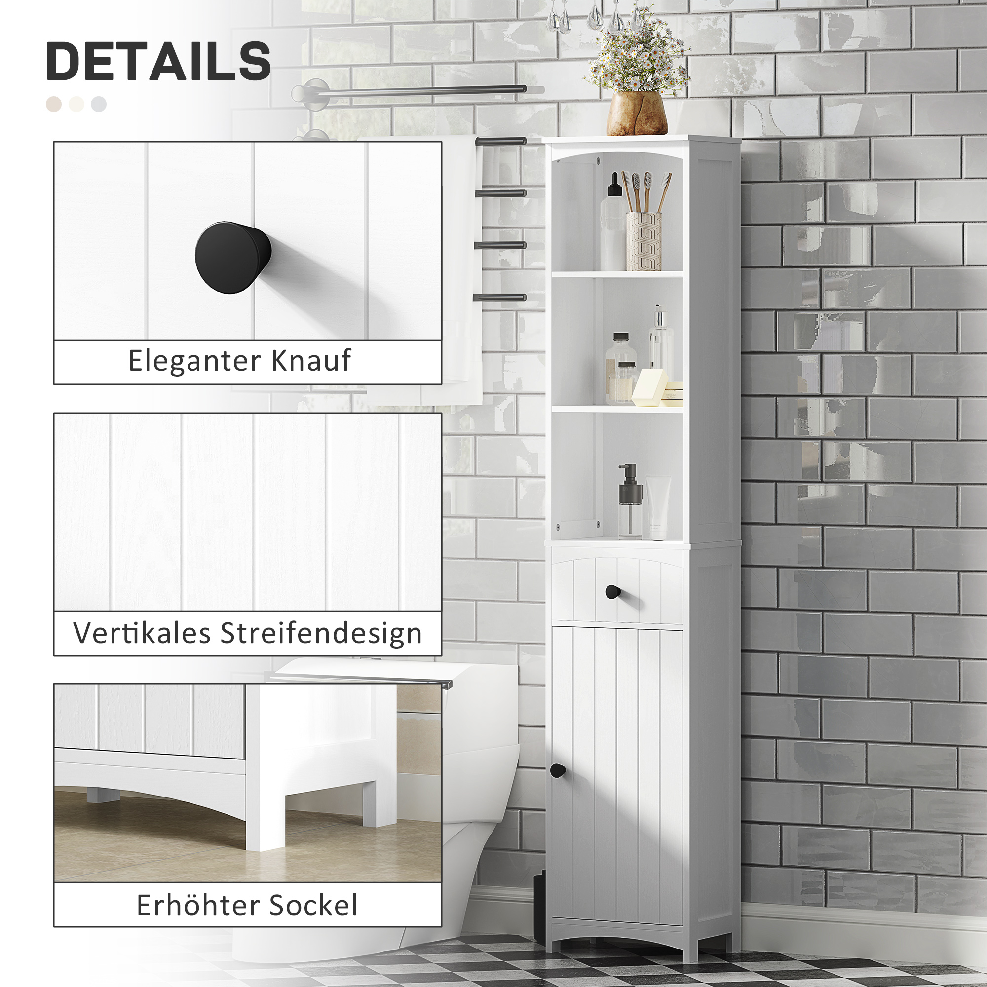 Badezimmerschrank mit 3 Regalen, 1 Schublade, robust, MDF, Weiß