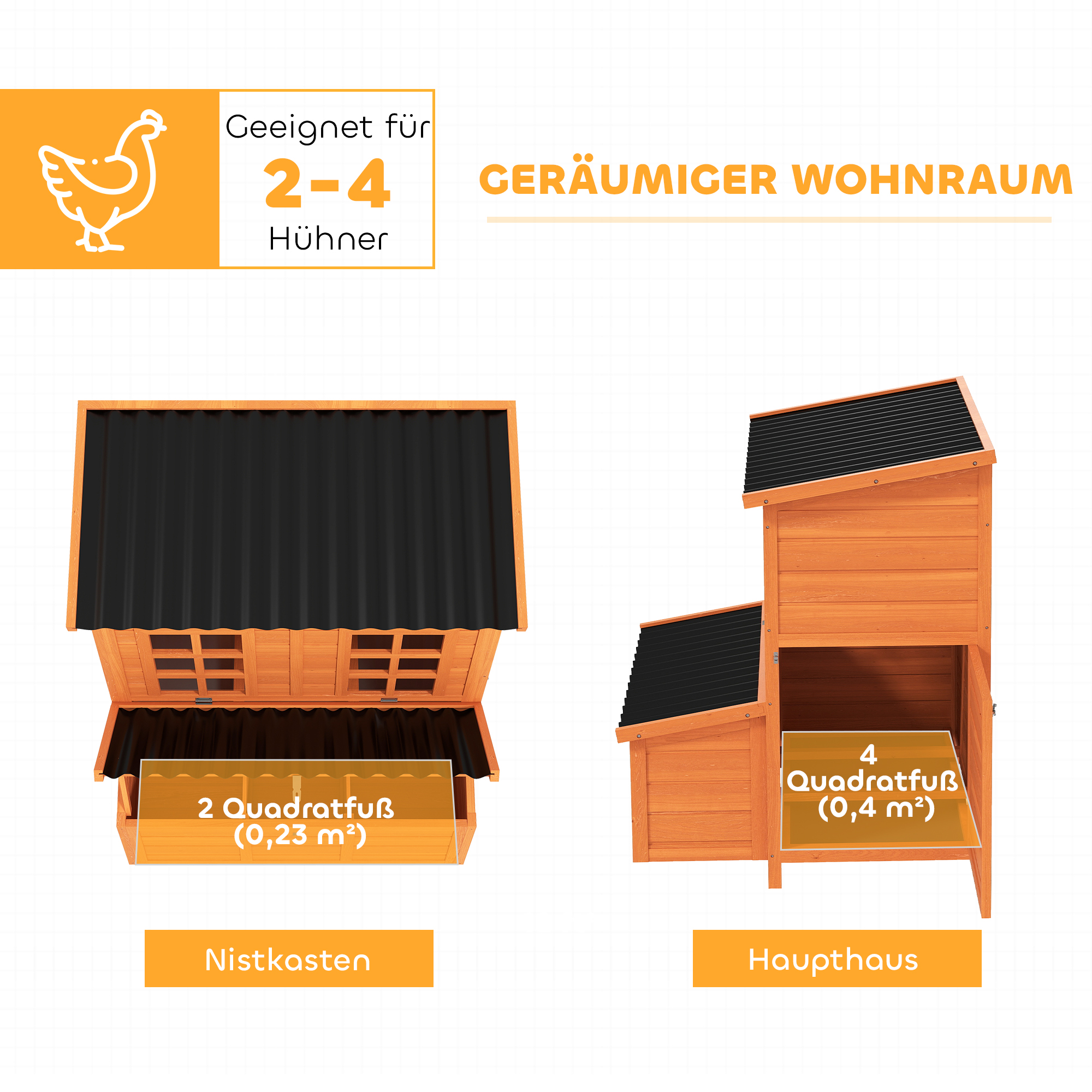 Hühnerstall mit Nestkasten für 3-4 Hühner, Wasserfestes Dach, Tannenholz, Kunststoff, 100 x 86 x 100 cm, Orange