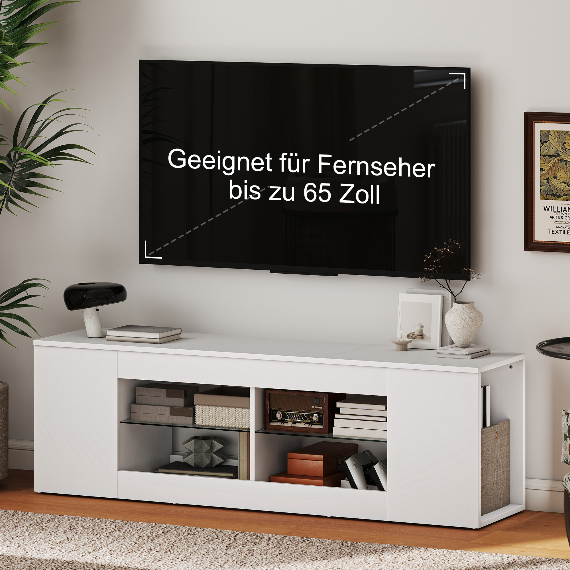 140 cm TV-Ständer, Fernseh-Kommode, 6 Fächer, 2 Glasregale, Spanplatte, Weiß