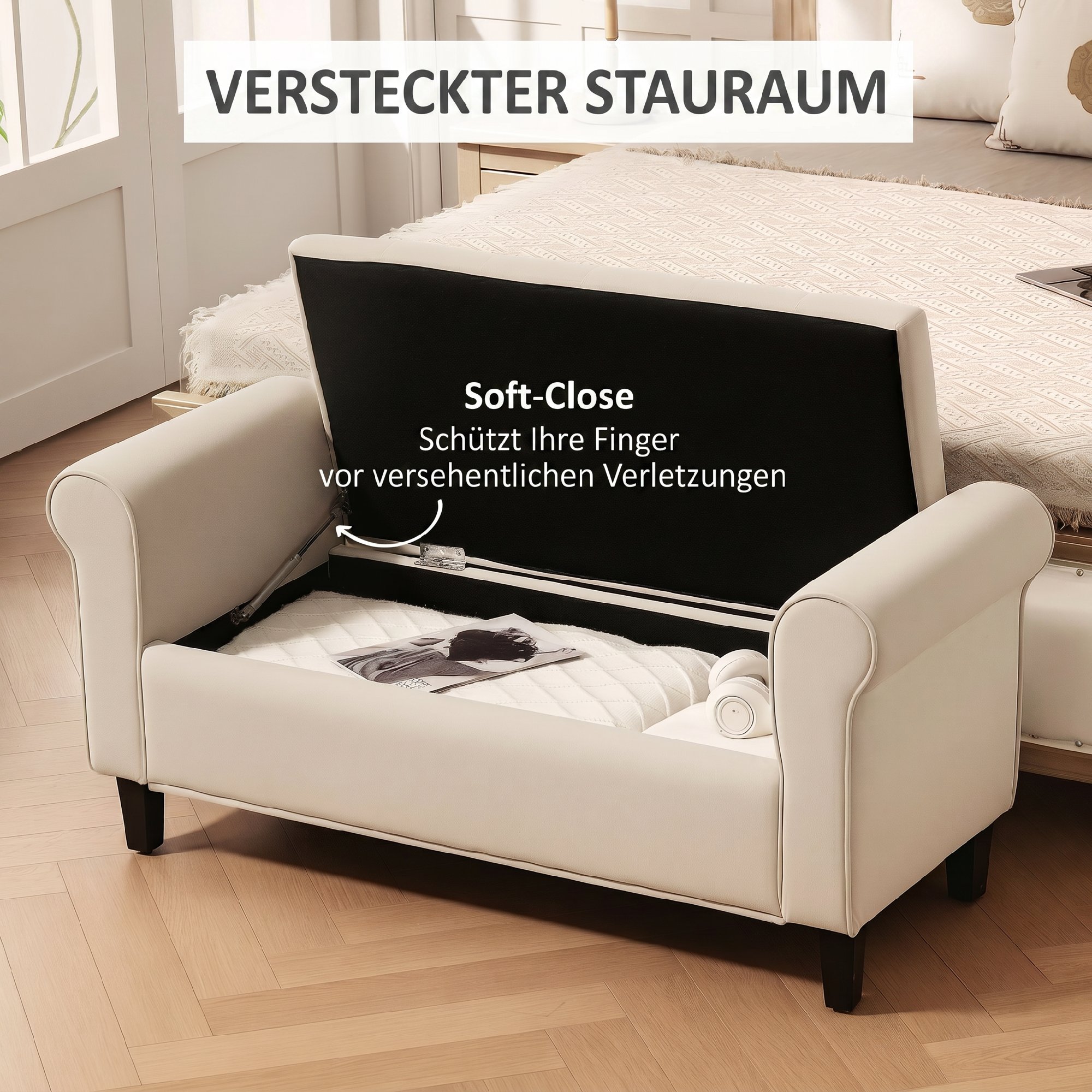Sitzbank im Vintage-Design, Sitzbank mit Stauraum, Samtoptik, Beige