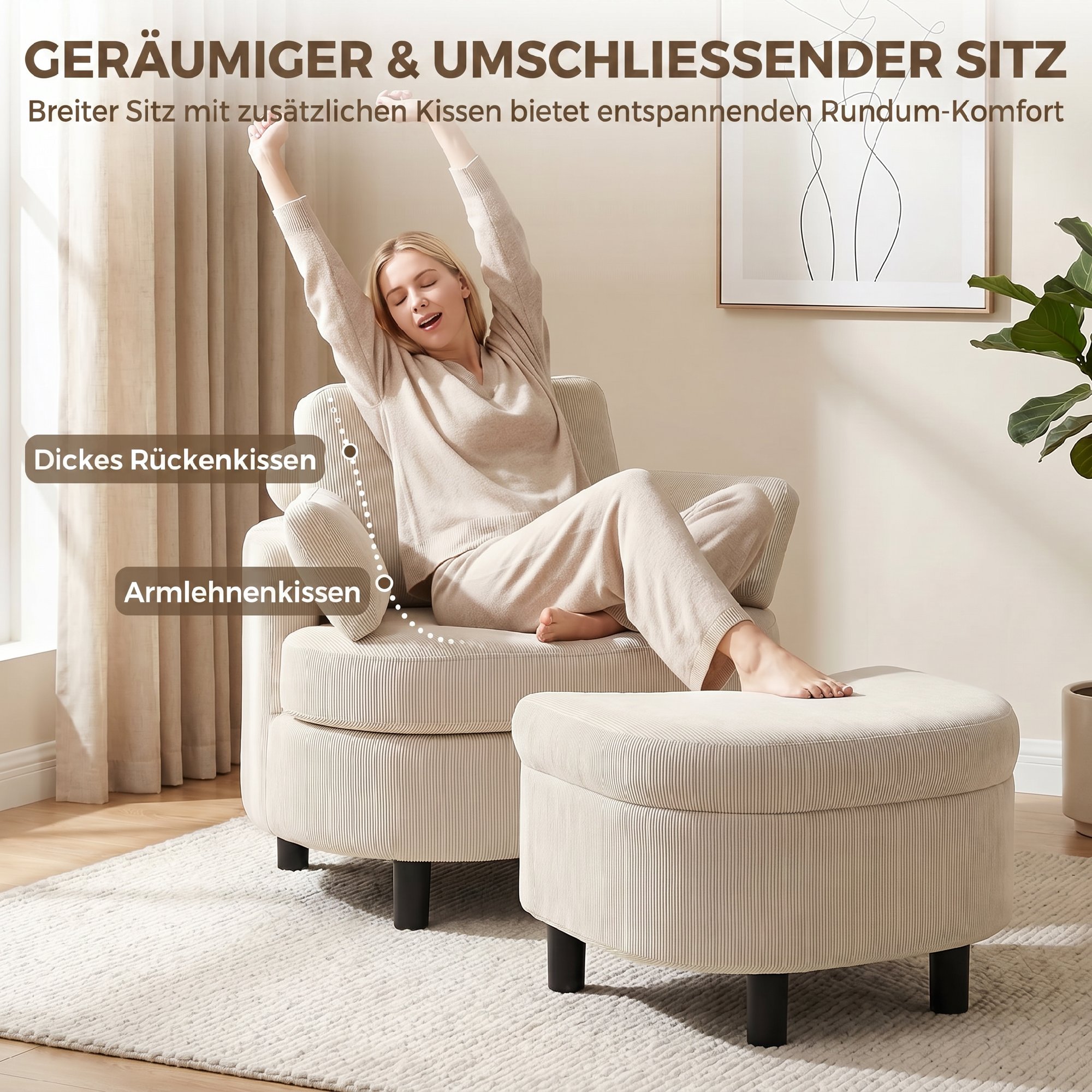 Sessel mit Aufbewahrungshocker, Cord Bezug, Rundum-Lesesessel mit Verstellbarer Kopfstütze, Breiter Sitz, Cremeweiß