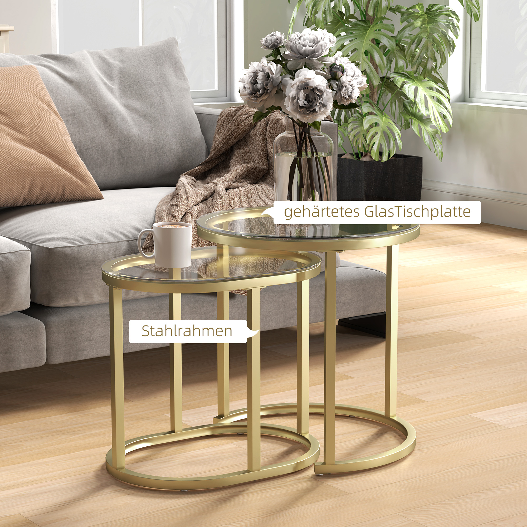 2er-Set Couchtisch, Ovaler und runder Kaffeetisch, stapelbar, Stahl, Ø50 x 50,5H cm, Gold