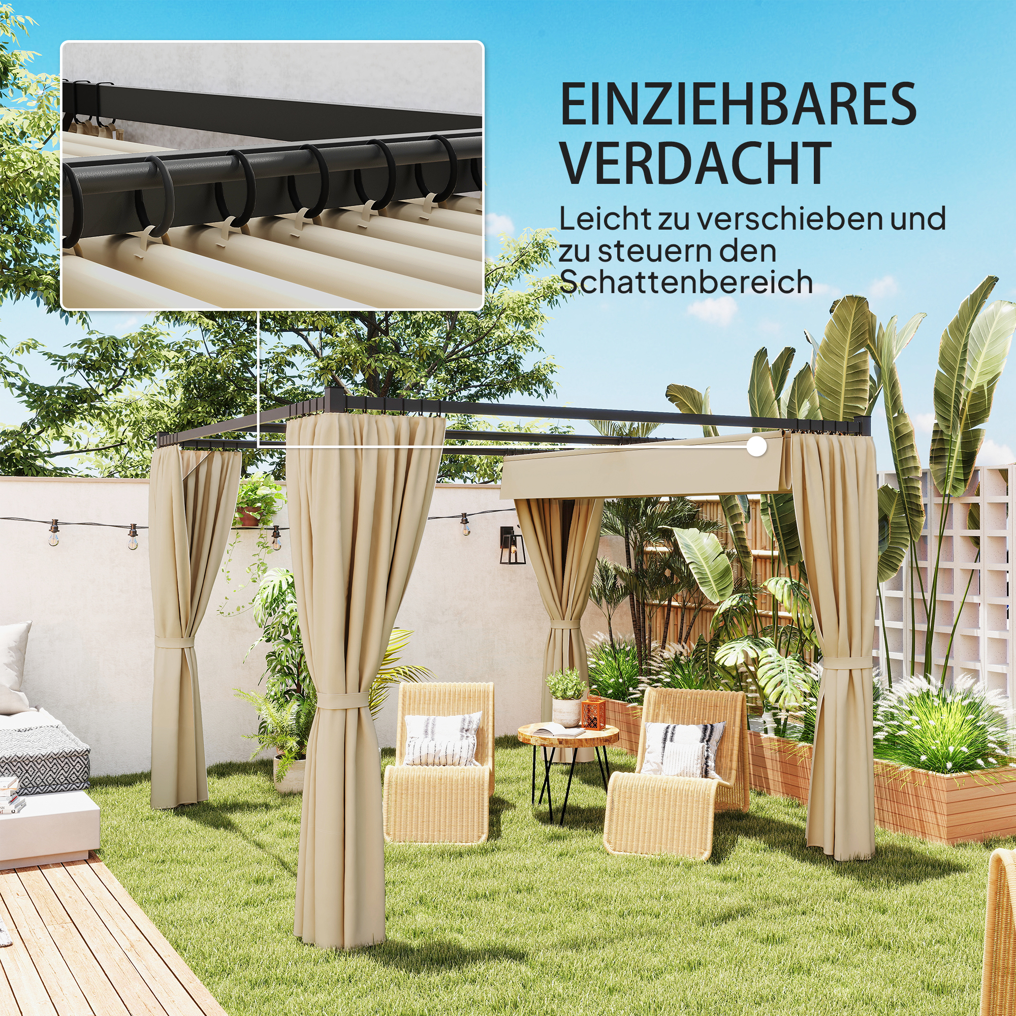 Pergola 3 x 3 m Freistehend Terrassenüberdachung mit Schiebedach, 4 Seitenwände UV-beständig Beige