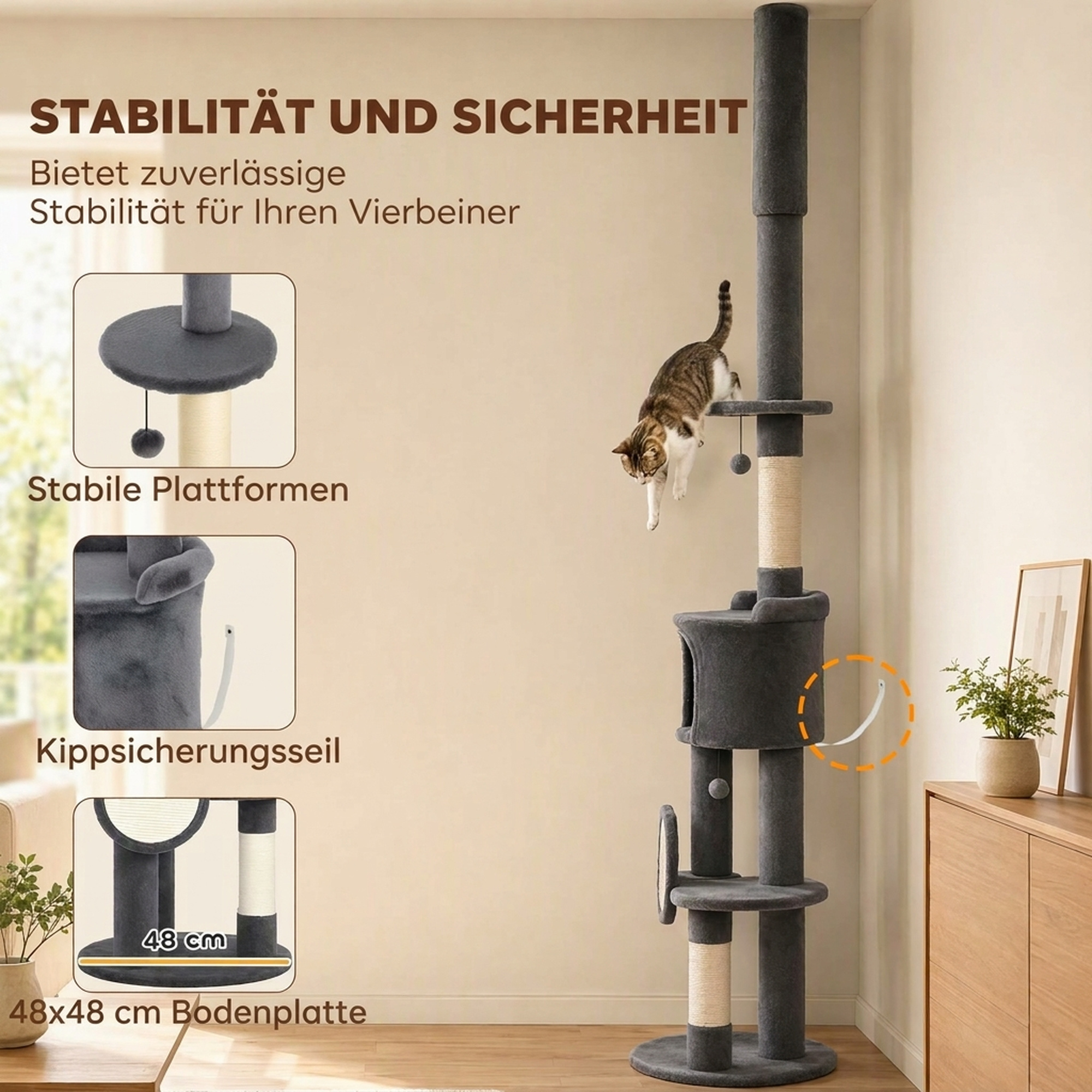 Kratzbaum Deckenhoch 225–255 cm höhenverstellbar Katzenbaum mit 5 Etagen Sisal-Kratzstämmen, Kratzbrett Hängematte