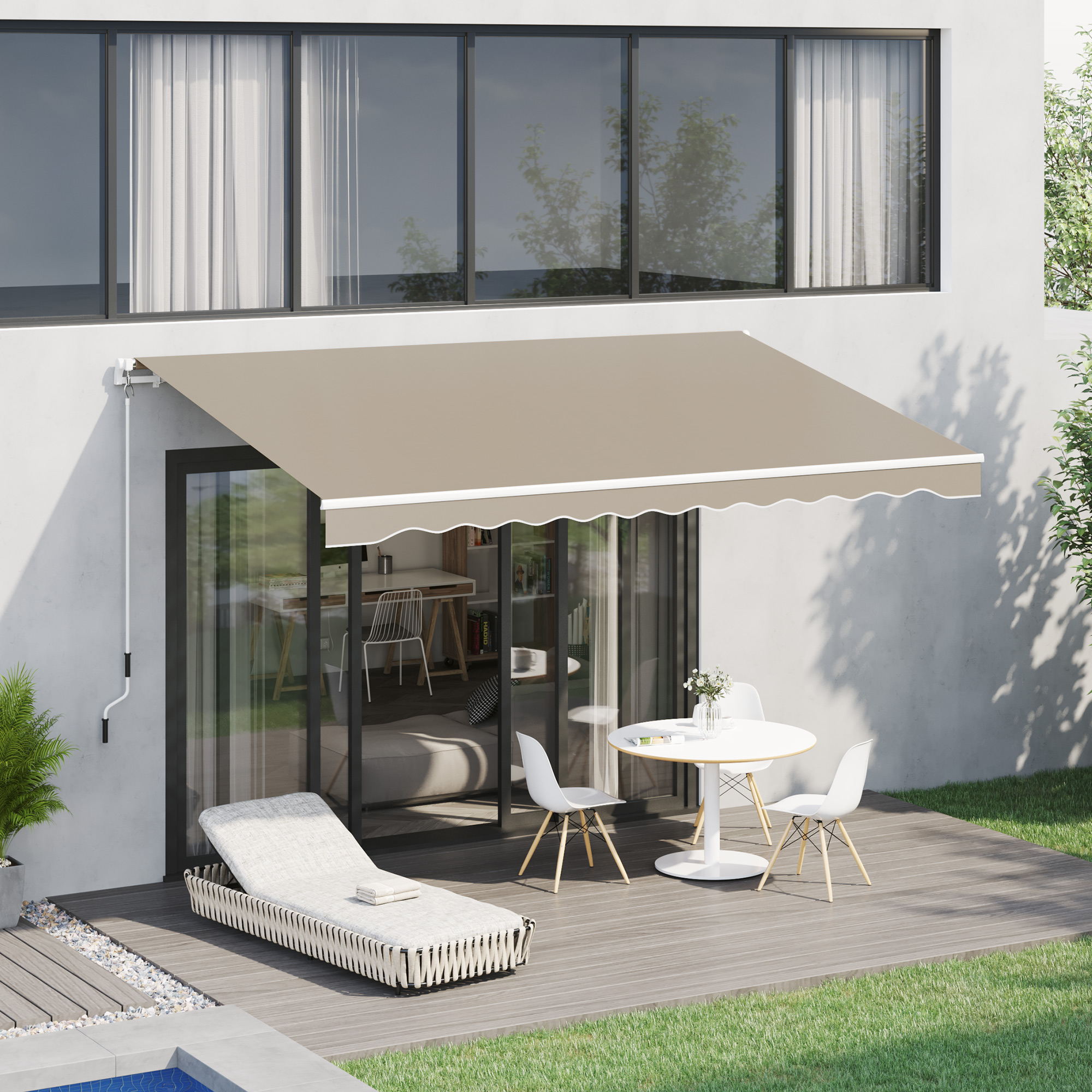 Markise, Sonnenschutz, einfahrbar, mit Handkurbel, Metallrahmen, Polyester, Weiß+Beige, 3,95 x 2,45 m
