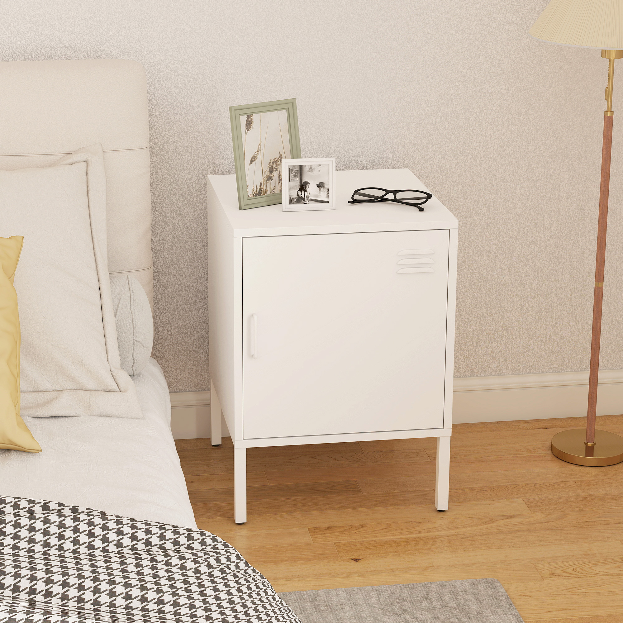 Nachttisch aus Stahl, Beistelltisch für verschiedene Zwecke, verstellbares Regal, für Schlafzimmer, Wohnzimmer, Weiß