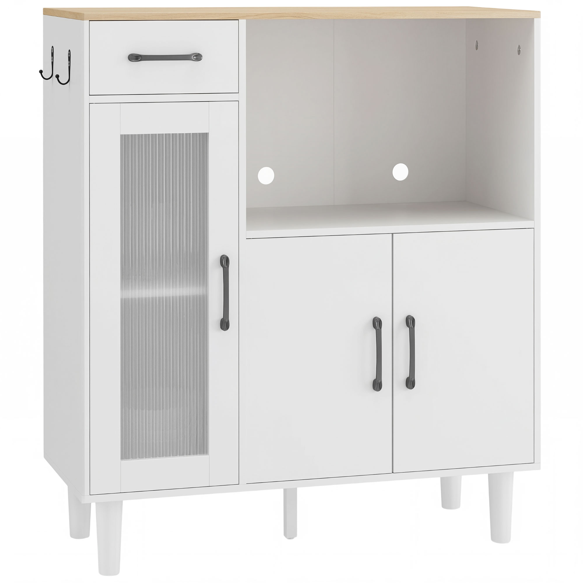 Sideboard Küchenschrank mit Schublade, 2 Schränken, Offenem Fach, geriffelter Acrylglastür 80 x 34 x 91 cm Weiß+Eiche