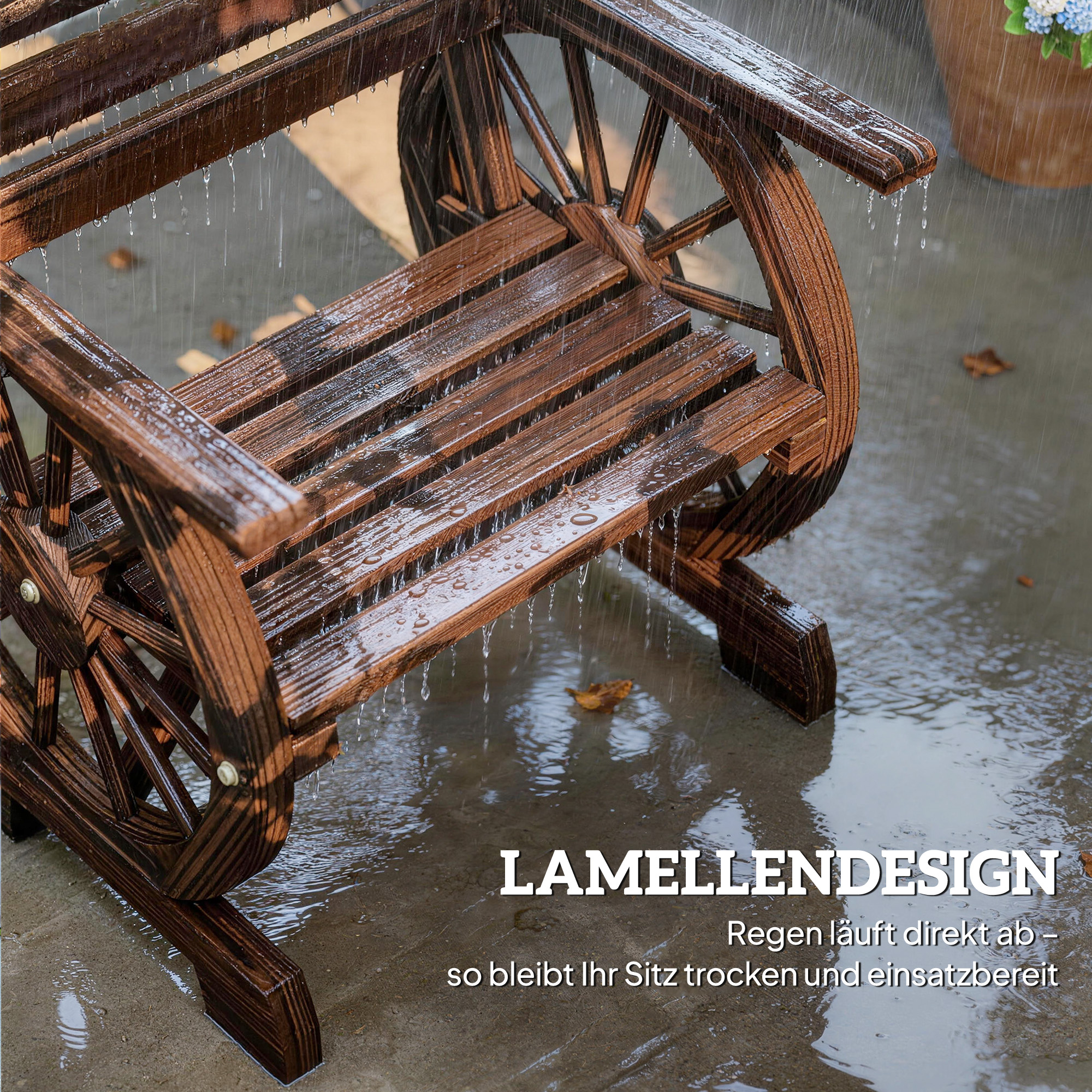 Gartenstuhl Holz Gartensessel mit Wagenräder-Design, Holzstuhl im Landhausstil Verkohlt