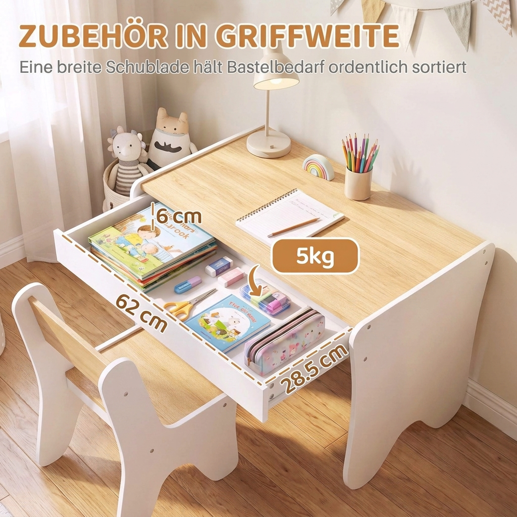 Kindertisch mit Stuhl 2 teilige Kindersitzgruppe mit Schublade Abgerundete Kanten, Platzsparend für Kinder 3-8