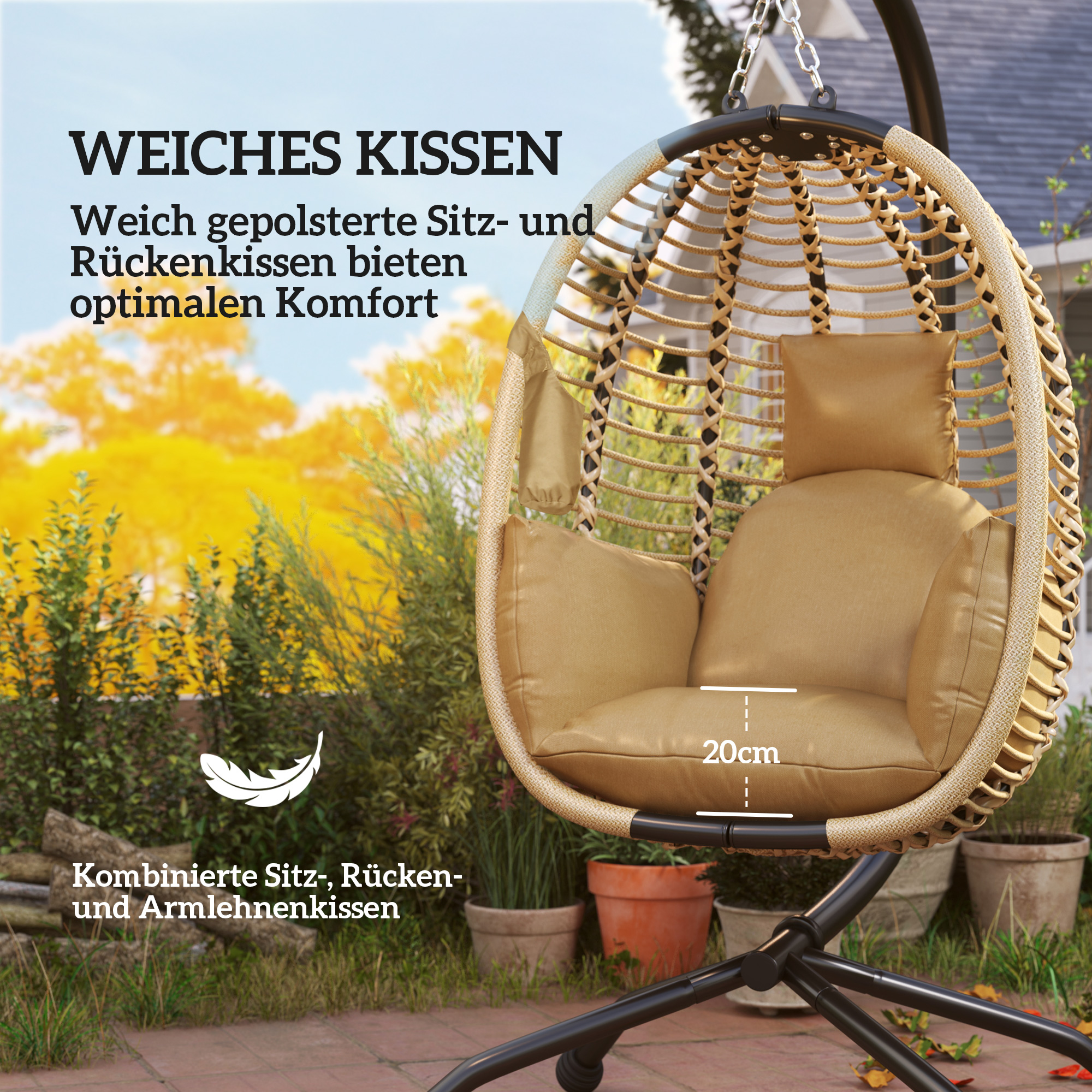 Hängesessel mit Gestell, Faltbar Eiförmiger Hängeschaukel mit waschbarem Sitz Becherhalter Sicherheitsseil Beige
