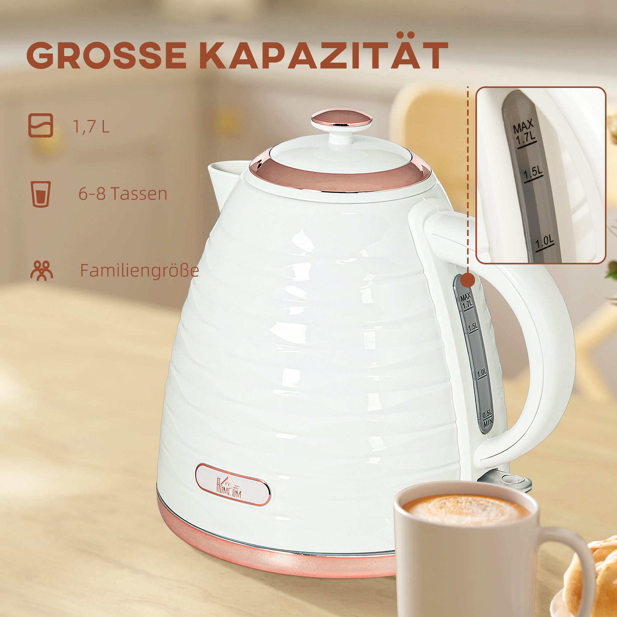 Wasserkocher, 1,7L, 2,2kW, Schnellkochfunktion mit Abnehmbarem Waschbarem Anti-Kalk-Filter