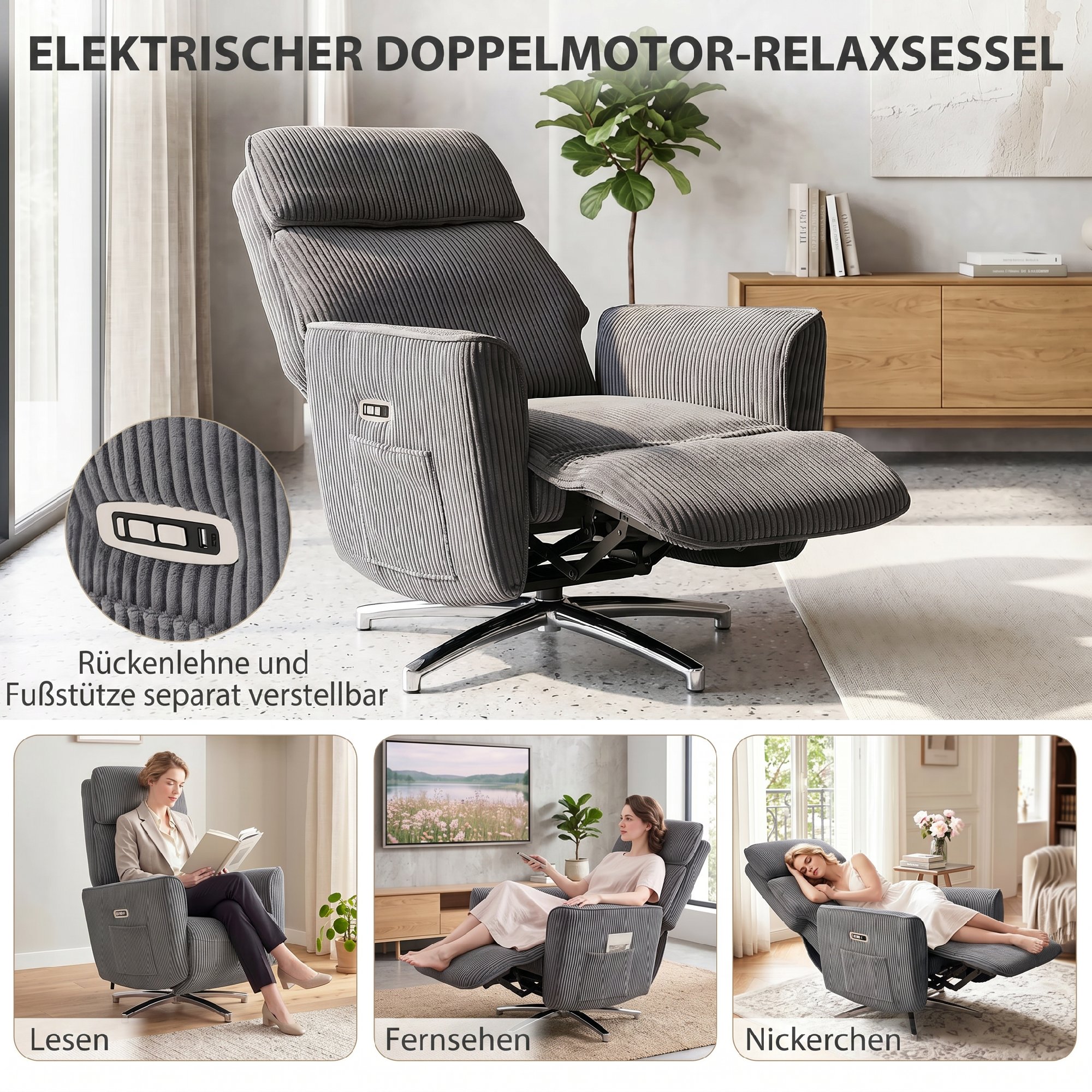 Relaxsessel Elektrisch Verstellbar Fernsessel mit Liegefunktion, 2 Motoren Drehbar TV Sessel mit USB-Anschluss