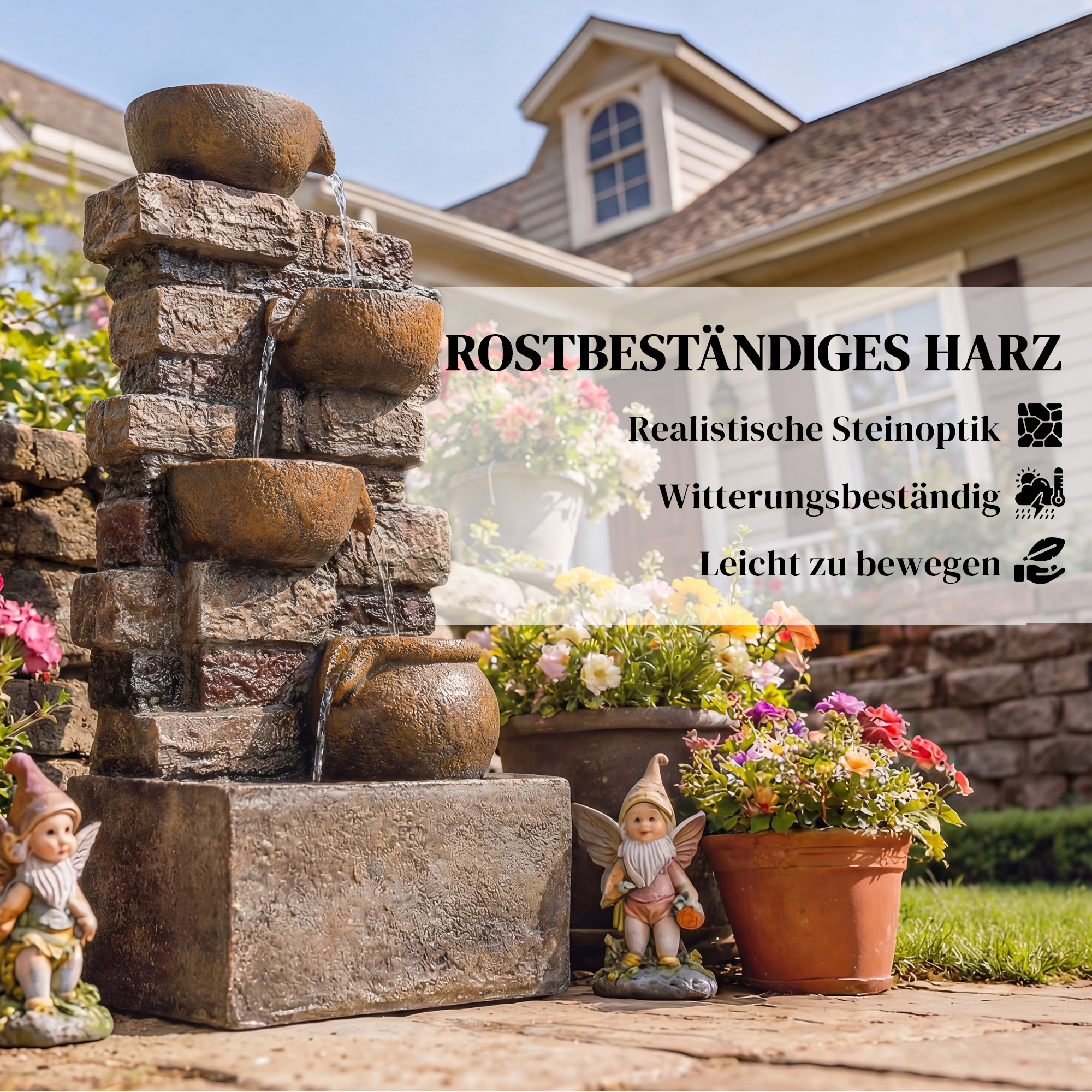 Springbrunnen 5-stufig Gartenbrunnen mit LED Beleuchtung Steinoptik Pumpe, Verstellbar 31 x 25,5 x 72 cm