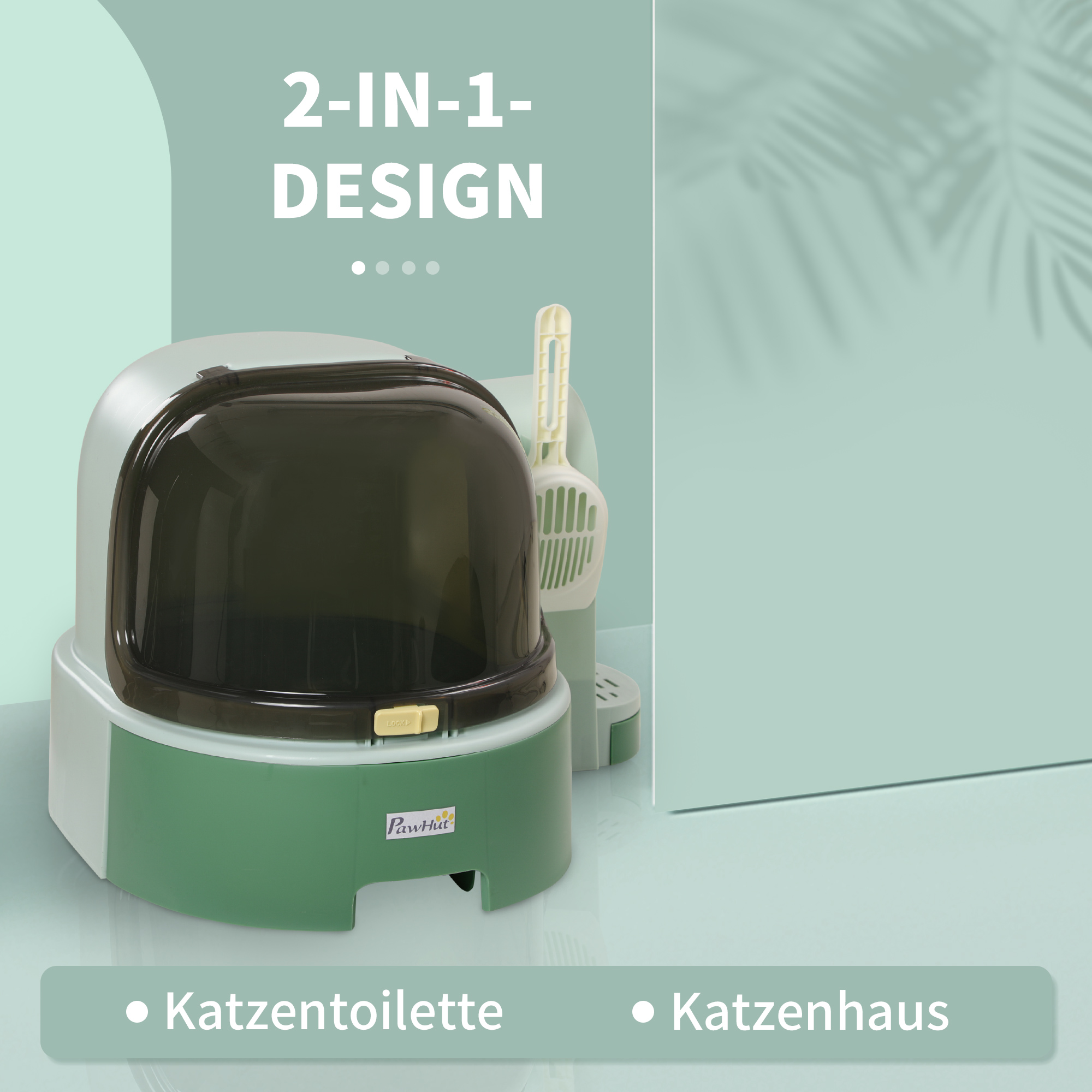 Katzentoilette, 2 herausziehbare Bodenwannen, 1 Schaufel, Streuauffangfach, abnehmbare Haube, Grün + Schwarz