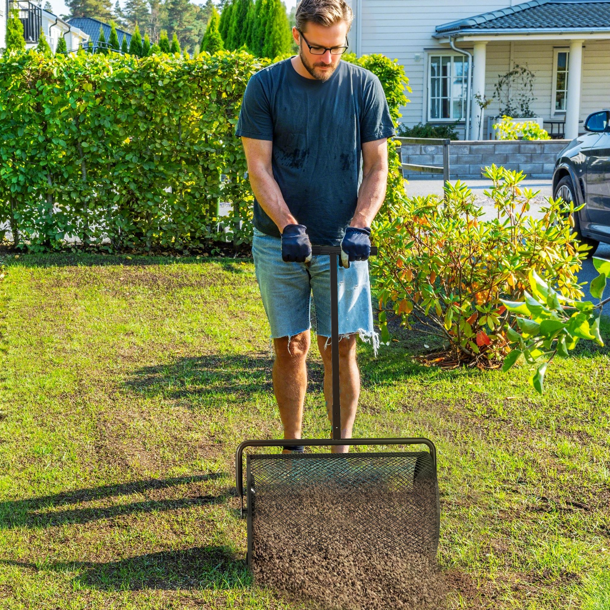 Kompoststreuer 75L 61x40cm Düngerstreuer Rasen Garten mit T-Griff Mesh-Korb Metall Schwarz
