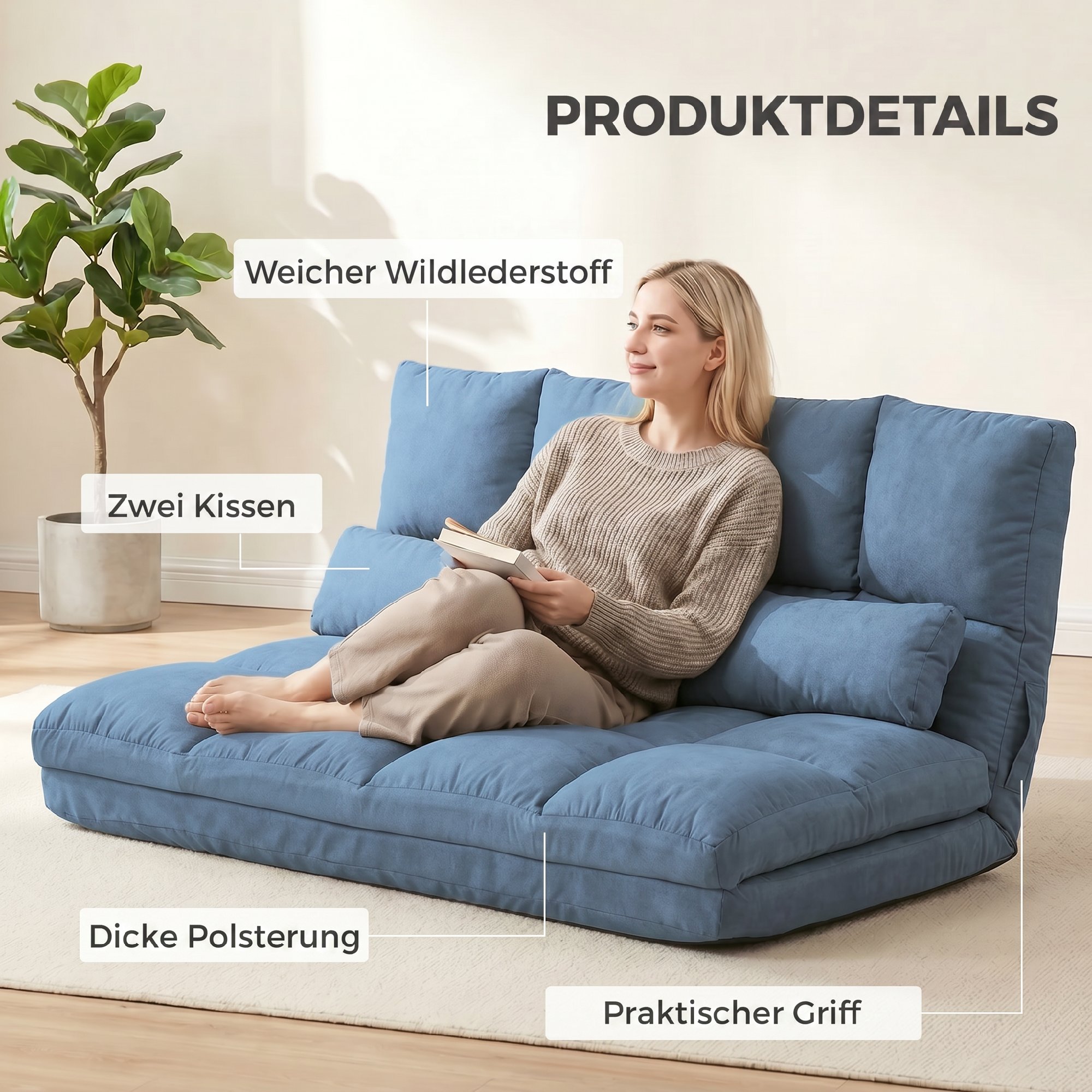 Bodensofa Schlafsofa Sofa, klappbar, verstellbare Rückenlehne, 102 cm x 73 cm x 60 cm , Blau